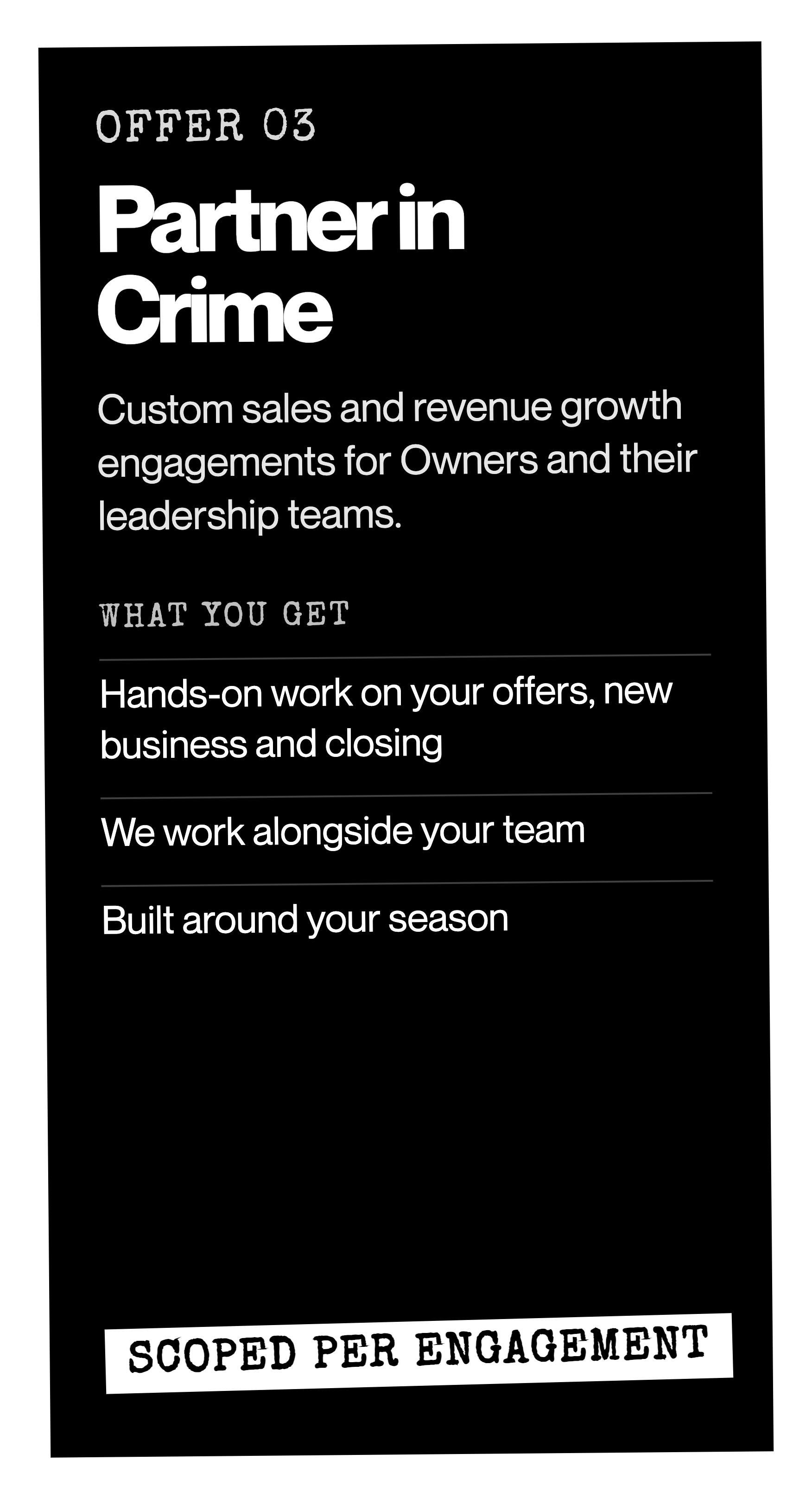 Offer 03: Partner in Crime. Custom sales and revenue growth engagements for Owners and their leadership teams. Scoped per engagement.
