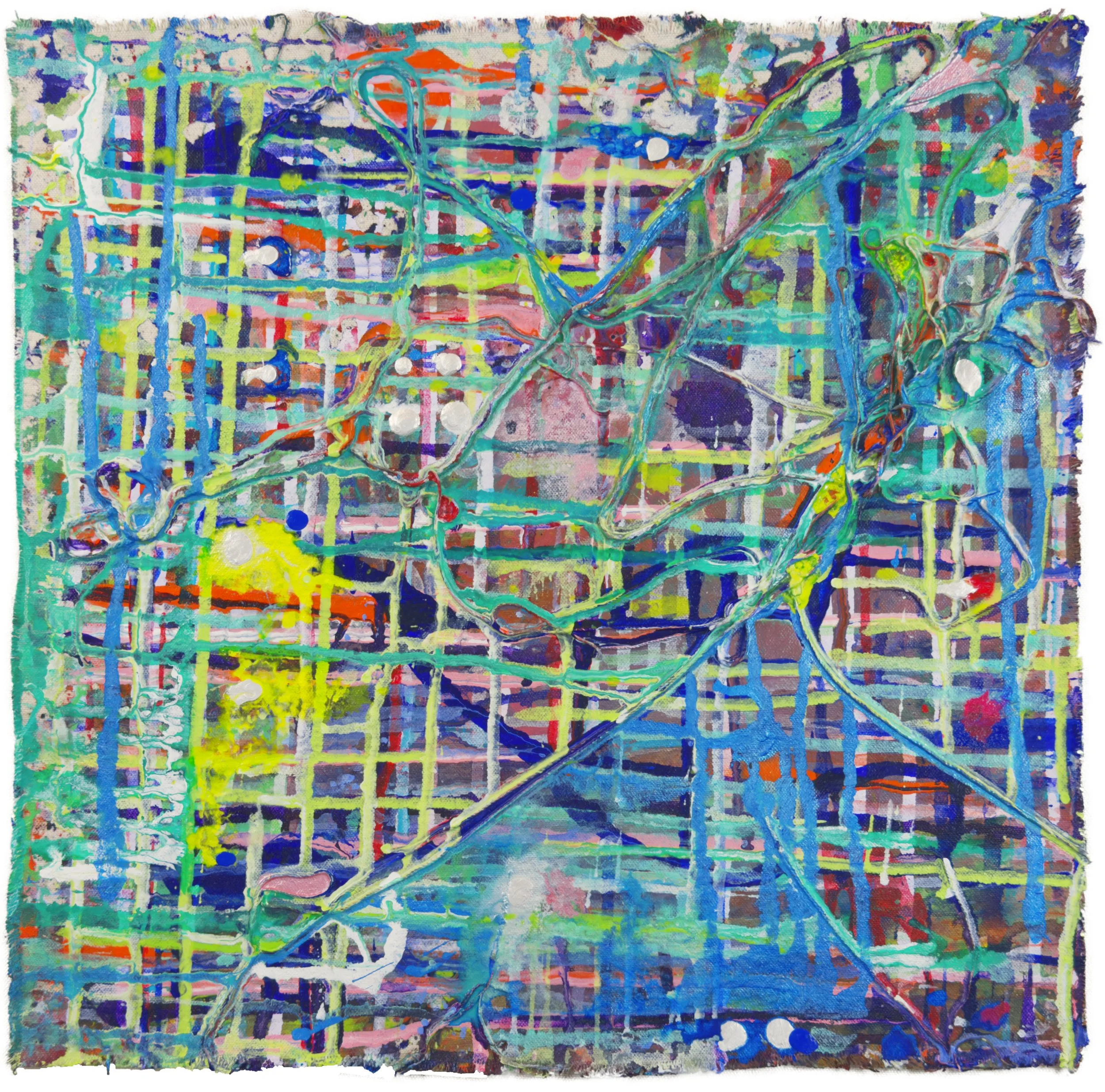 Over and Above_03, 2024. Acrylic paint and media, acrylic ink, and cotton string on raw canvas - 15.25 x 15.25 in / 38.73 x 38.73 cm.