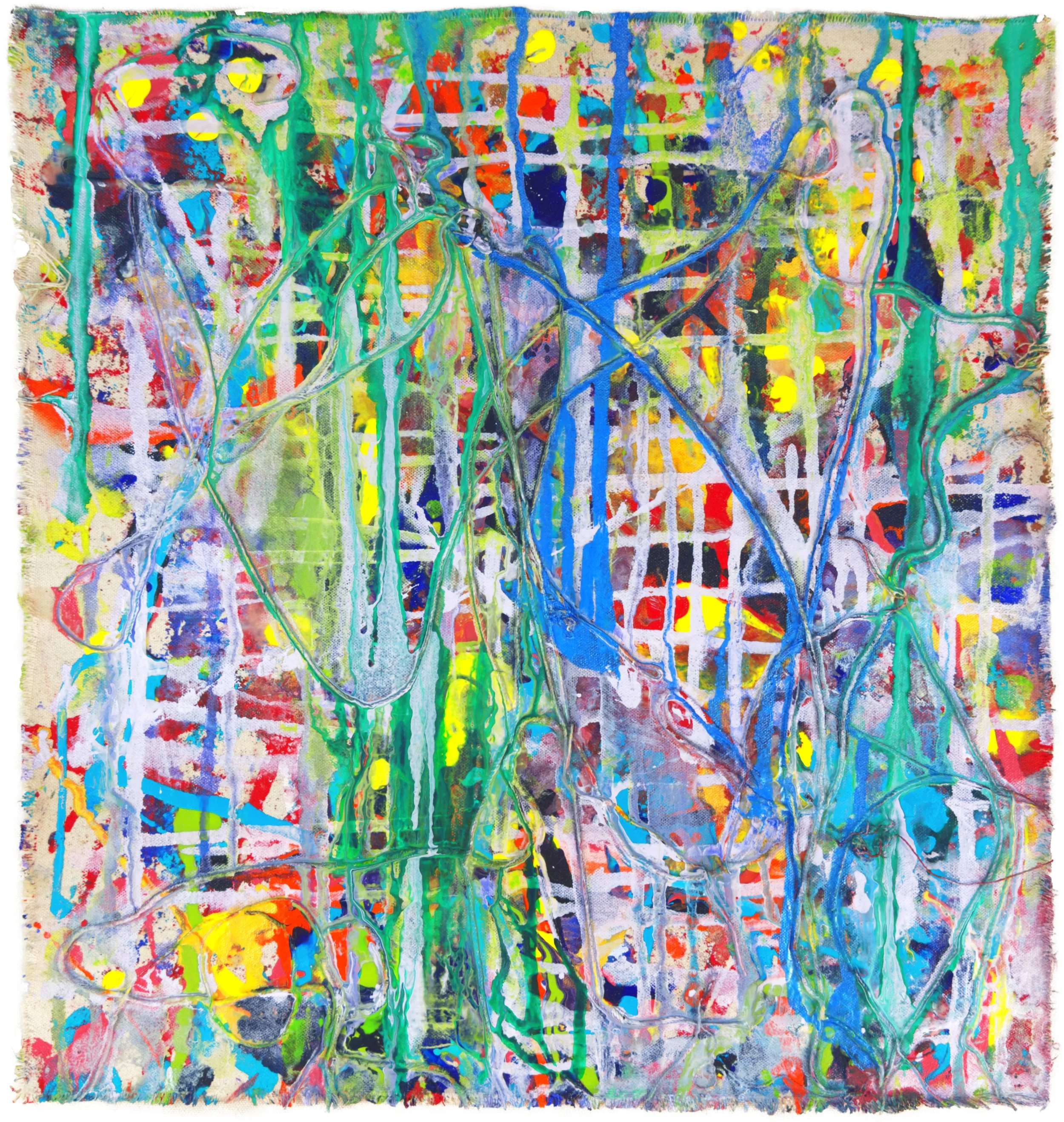 Over and Above_05, 2024. Acrylic paint and media, acrylic ink, and cotton string on raw canvas - 17.5 x 16.5 in / 44.45 x 41.9 cm.