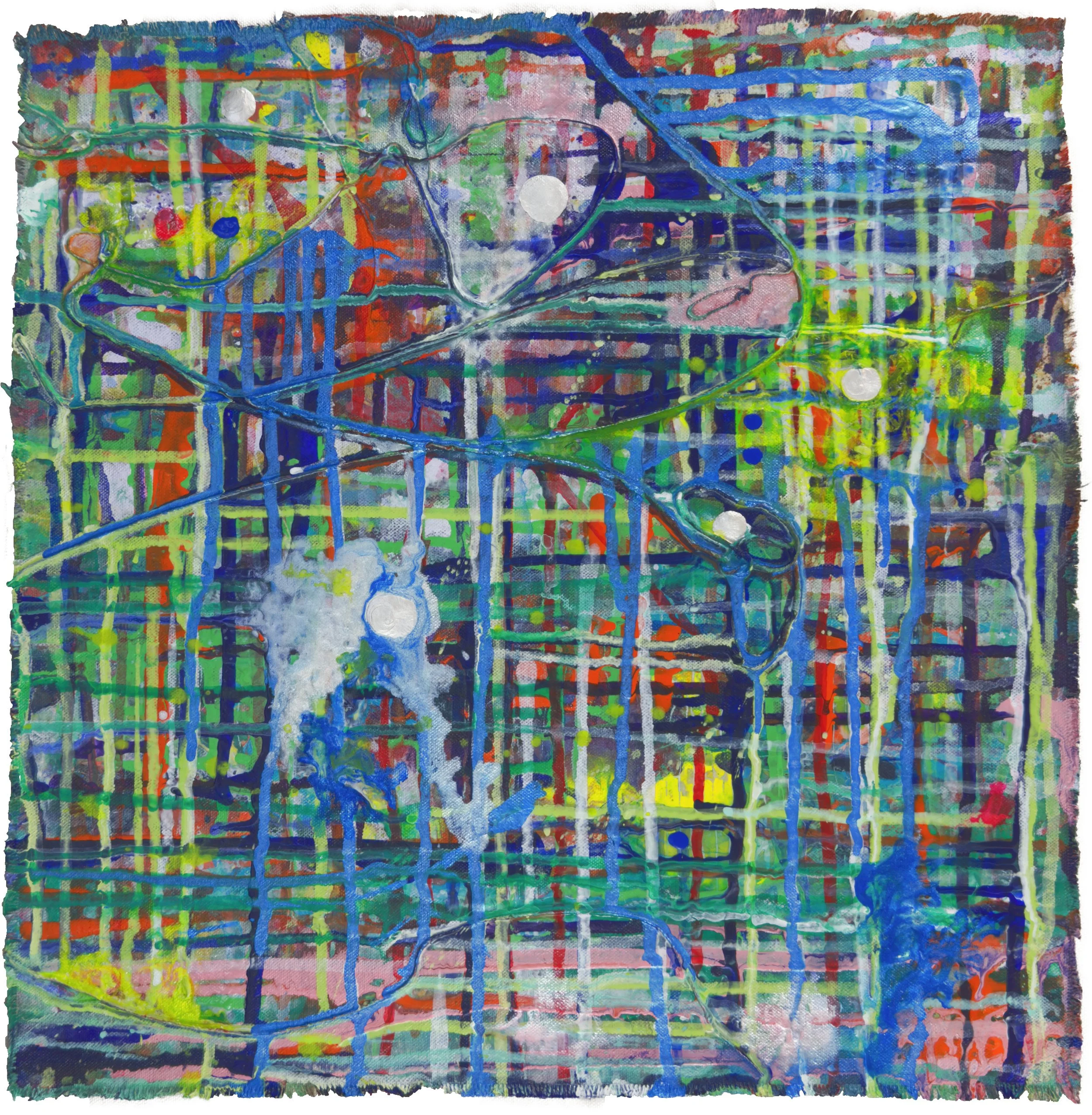 Over and Above_04, 2024. Acrylic paint and media, acrylic ink, and cotton string on raw canvas - 15.75 x 15.75 in / 40 x 40 cm.