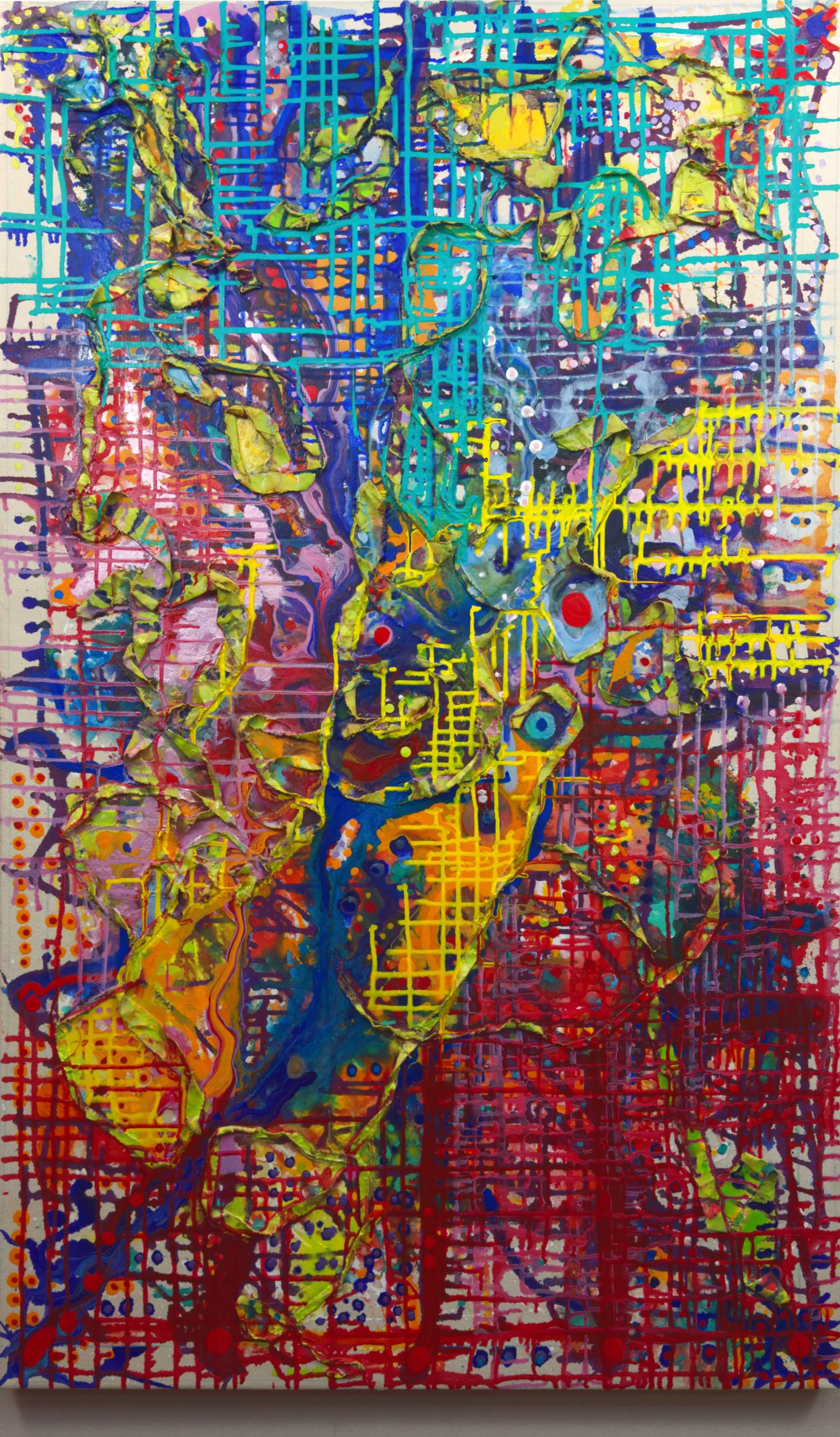 Over and Above_01, 2023. Acrylic paint and media, acrylic ink, cotton string and ripped canvas on raw canvas - 54 x 33.13 in / 137.2 x 84.4 cm.