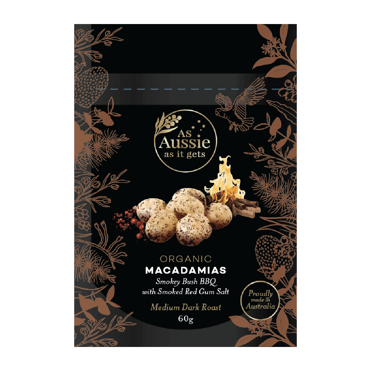 Organic Macadamias Smokey Bush BBQ with Smoked Red Gum Salt - Medium Dark Roast