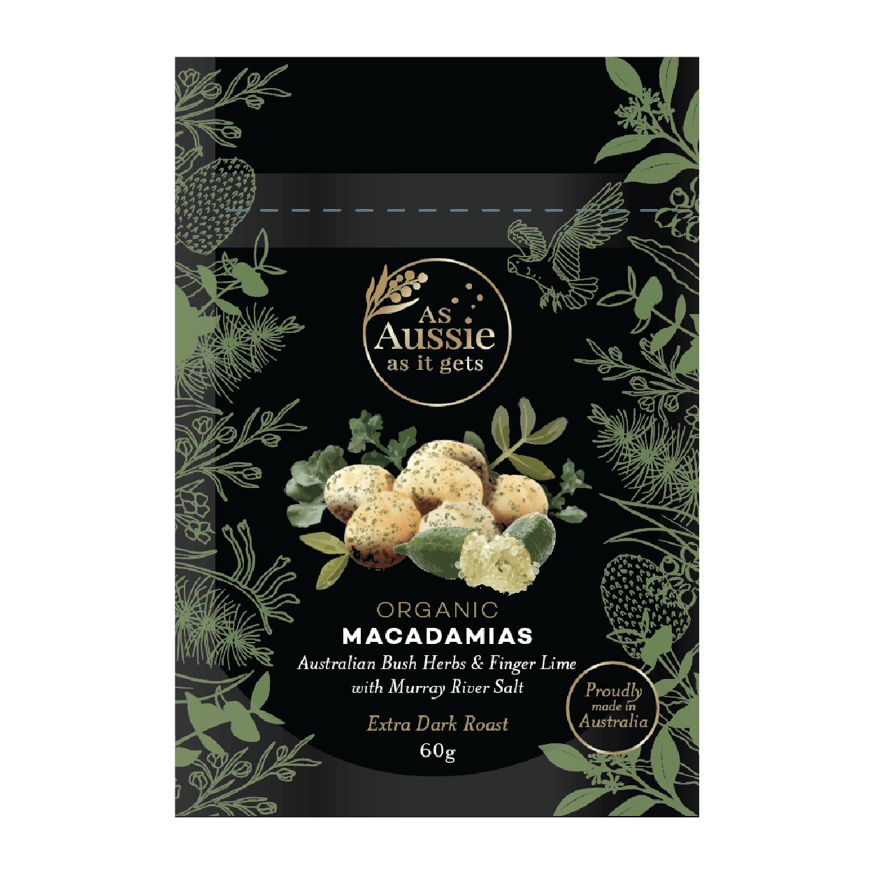 Organic Macadamias   Australian Bush Herbs & Finger Lime with Murray River Salt - Extra Dark Roast