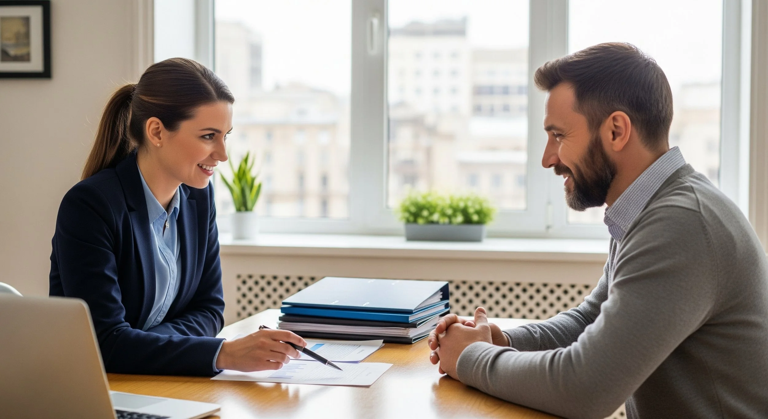A woman and man having a business meeting in an office, smiling and talking, with papers and binders on the table.