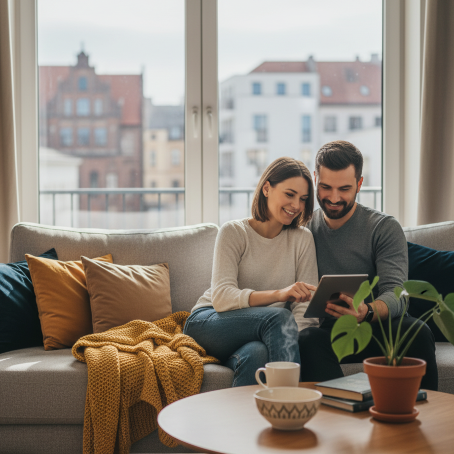 A young couple sits on a couch looking at a tablet together, smiling. The room has a large window with buildings outside, a coffee table with a potted plant, a cup, and some books, and several pillows and a blanket on the couch.