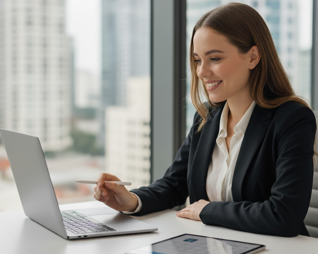 A woman with brown hair in a business suit sitting at a desk, smiling, holding a stylus, with a laptop and tablet in front of her, in an office with city buildings visible through large windows.