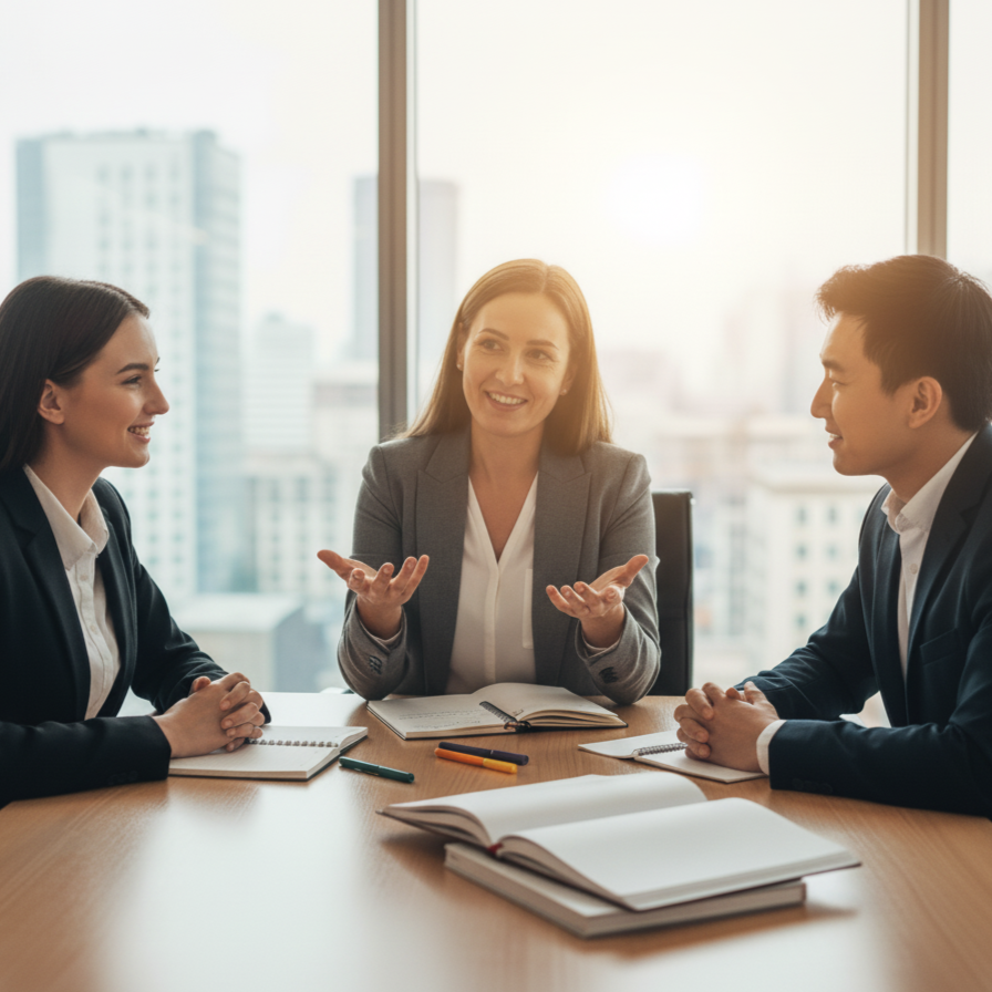 Three business professionals having a discussion in a modern office with cityscape view.