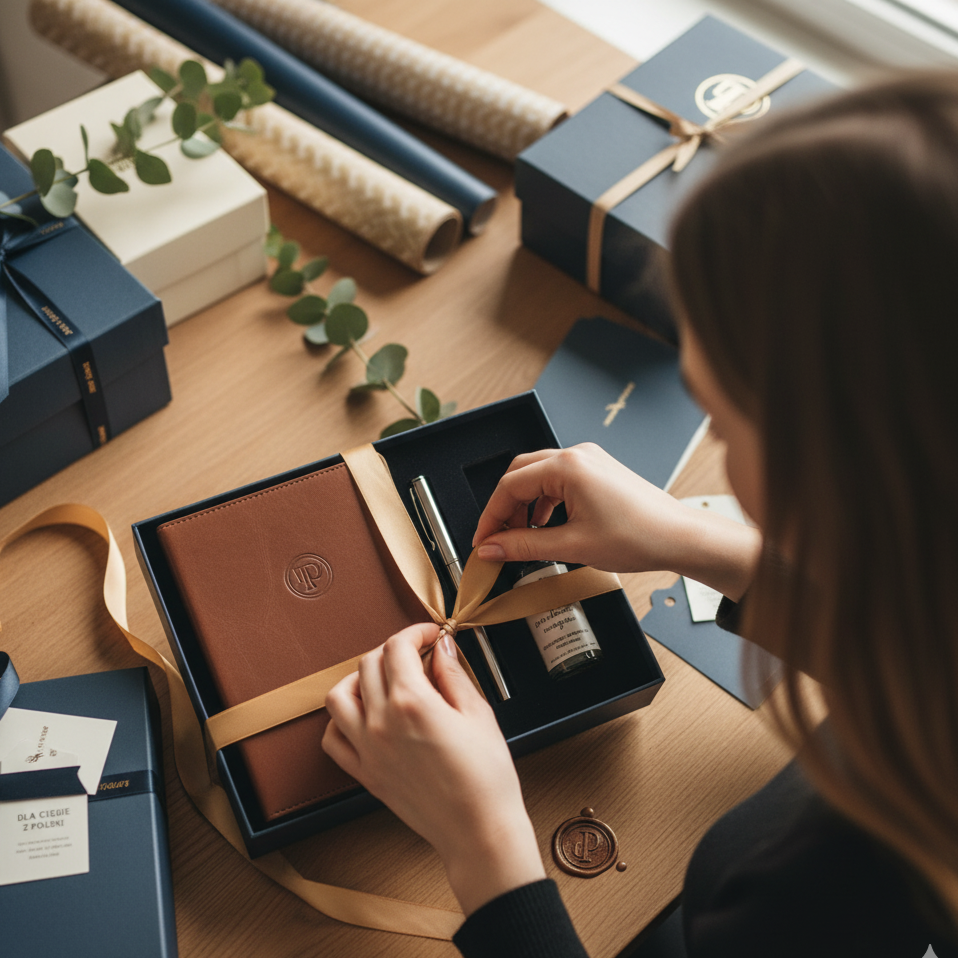 Person opening a gift box containing a brown planner, a pen, and a bottle of perfume on a wooden table with wrapped gifts, ribbons, and decorative leaves.
