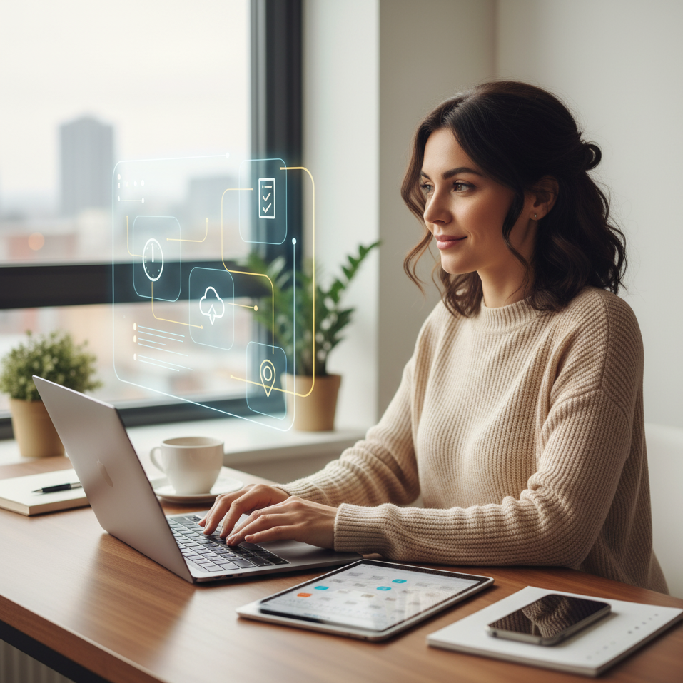 A woman working on a laptop at a desk with a tablet, smartphone, notebook, and coffee cup, with floating digital interface icons.
