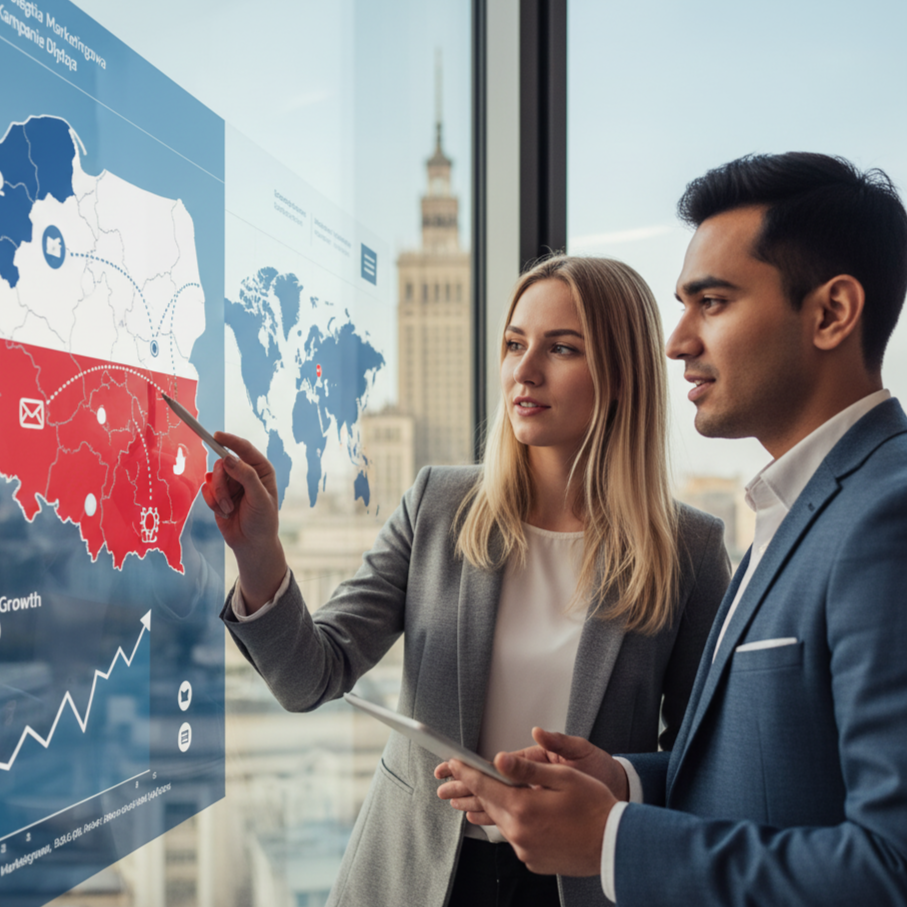 Two business professionals, a woman and a man, discussing a world map with data points and graphs in an office with a city view outside the window.