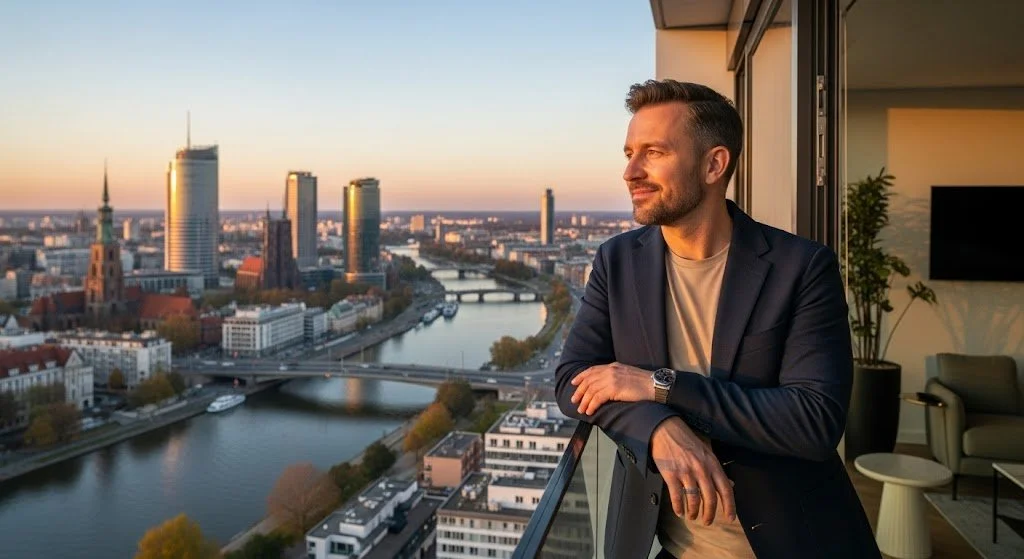 A man in a suit shirt leaning on a balcony railing, looking out at a city skyline and river during sunset.