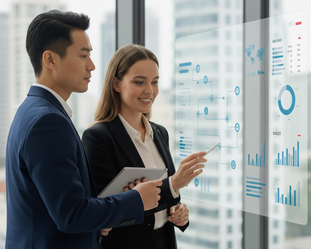 Business professionals analyze data on a transparent digital screen with charts and graphs in an office with large windows.