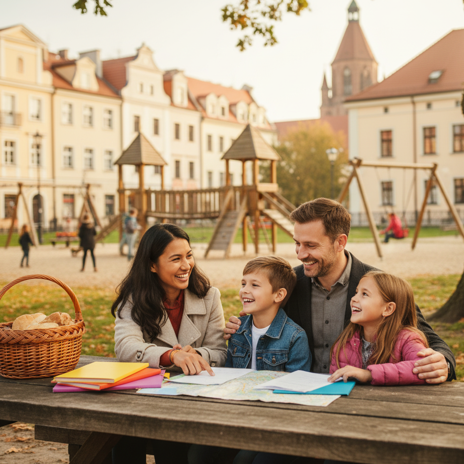 A family of four sitting at a park bench with maps, notebooks, and a basket of bread, smiling and enjoying a picnic on a sunny day.