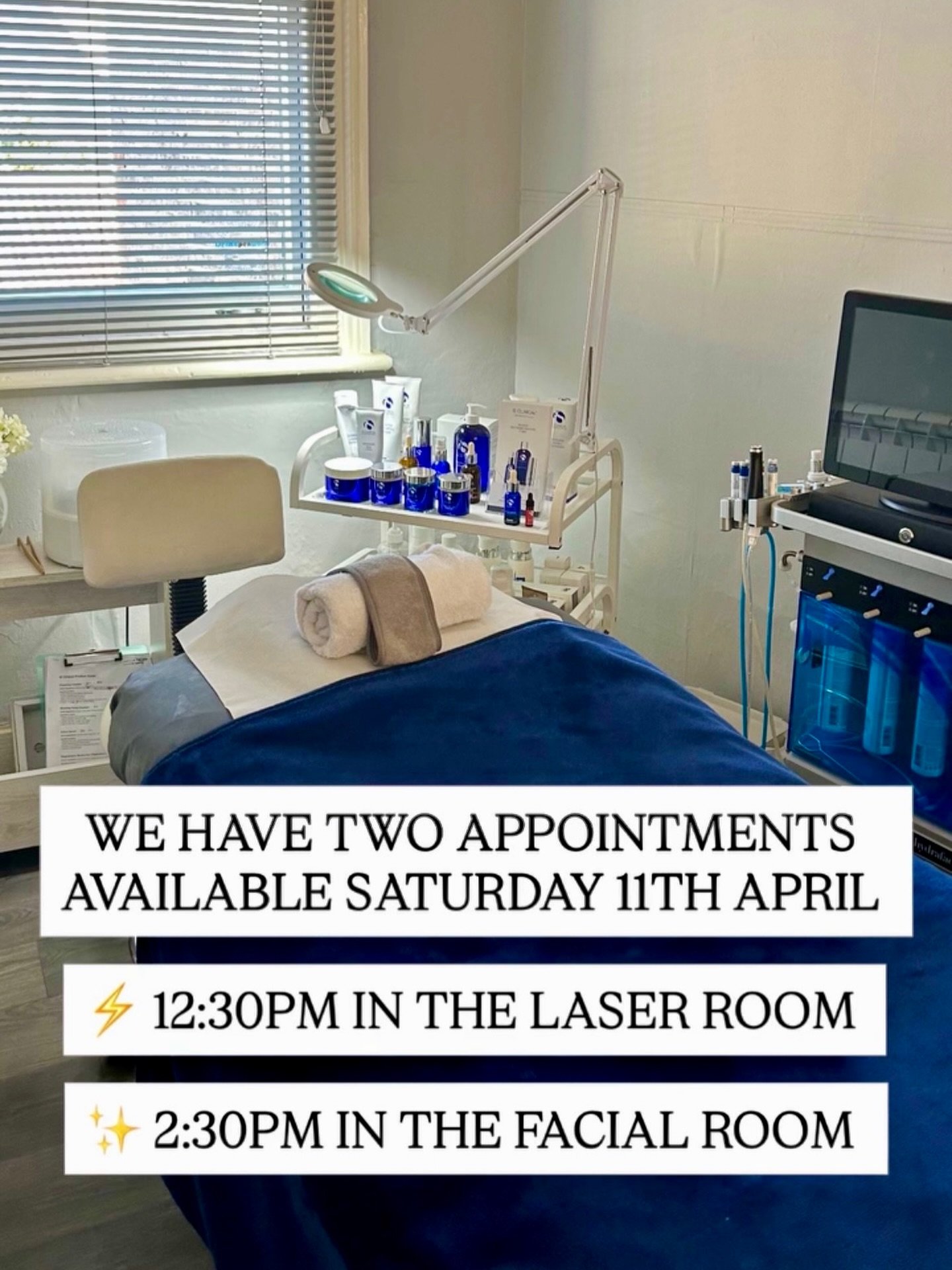 🚨Get booked in for your #saturday #selfcare session! 

⚡️LASER ROOM ⚡️
&bull; Pigmentation 
&bull; Broken capillaries 
&bull; Tattoo removal 
&bull; Laser rejuvenation 
&bull; Laser hair removal (dm to get maintenance code)

✨ FACIAL ROOM ✨
&bull; H