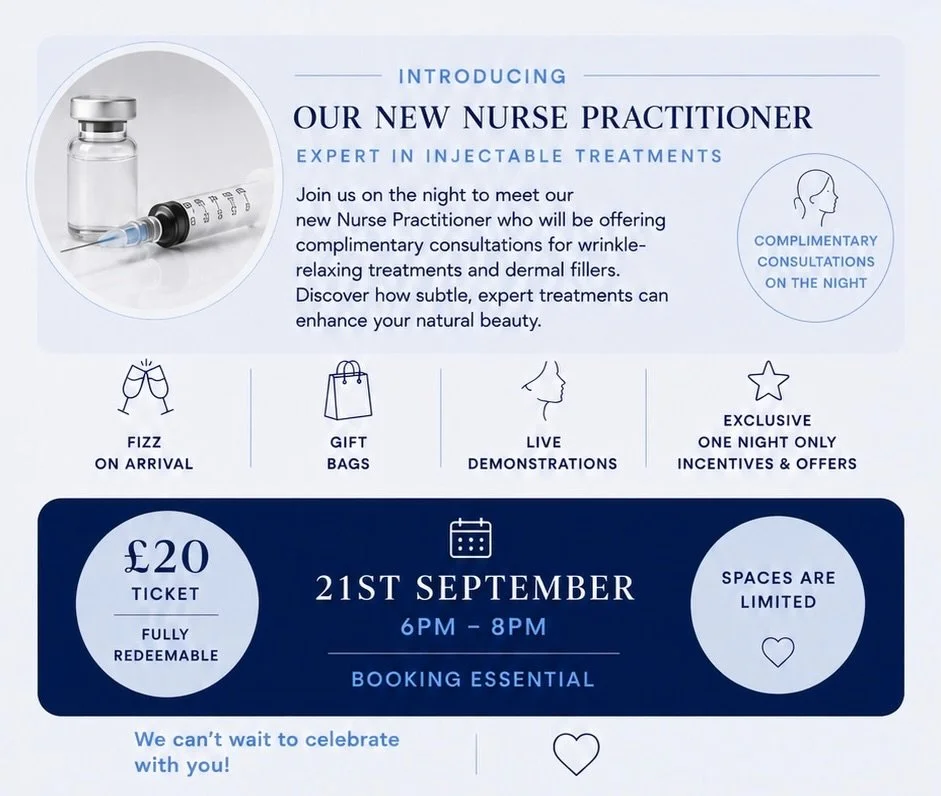 BOOK YOUR SPACE ⏰
&pound;20 will secure a complimentary consultation with our new nurse practitioner!
 
⭐️ PLUS ⭐️

Entrance to our skin event with live demos, exclusive sneak peek at our new Polynucleotide treatment, one night only discounts and upg