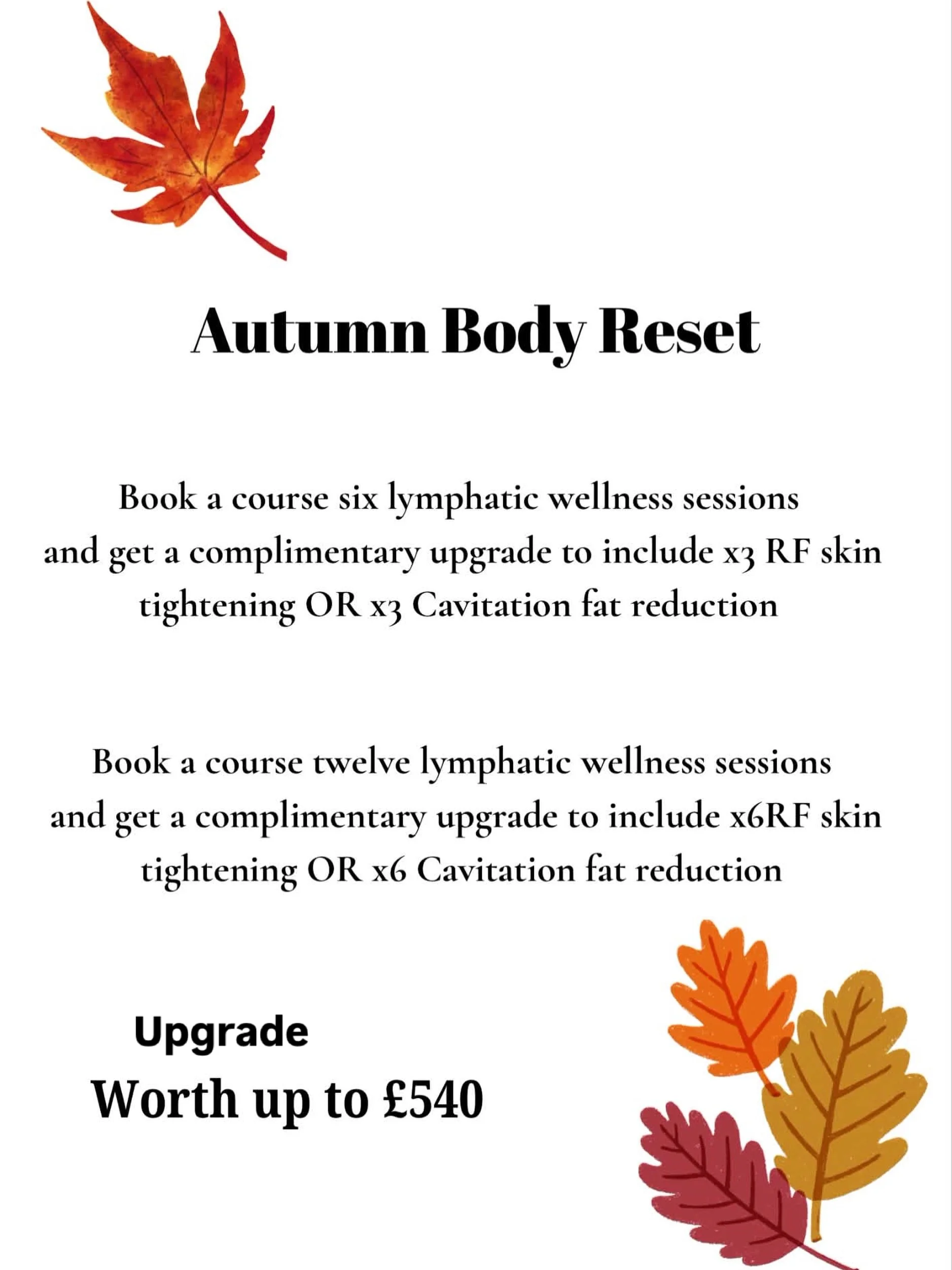 October cosy treatments calling 🍂🍁

Course of six &pound;330 plus x3 treatment upgrade 

Course of twelve &pound;600 plus x6 treatment upgrade 

#detoxing 
#lymphatic 
#slimming 
#relaxing 
#metime