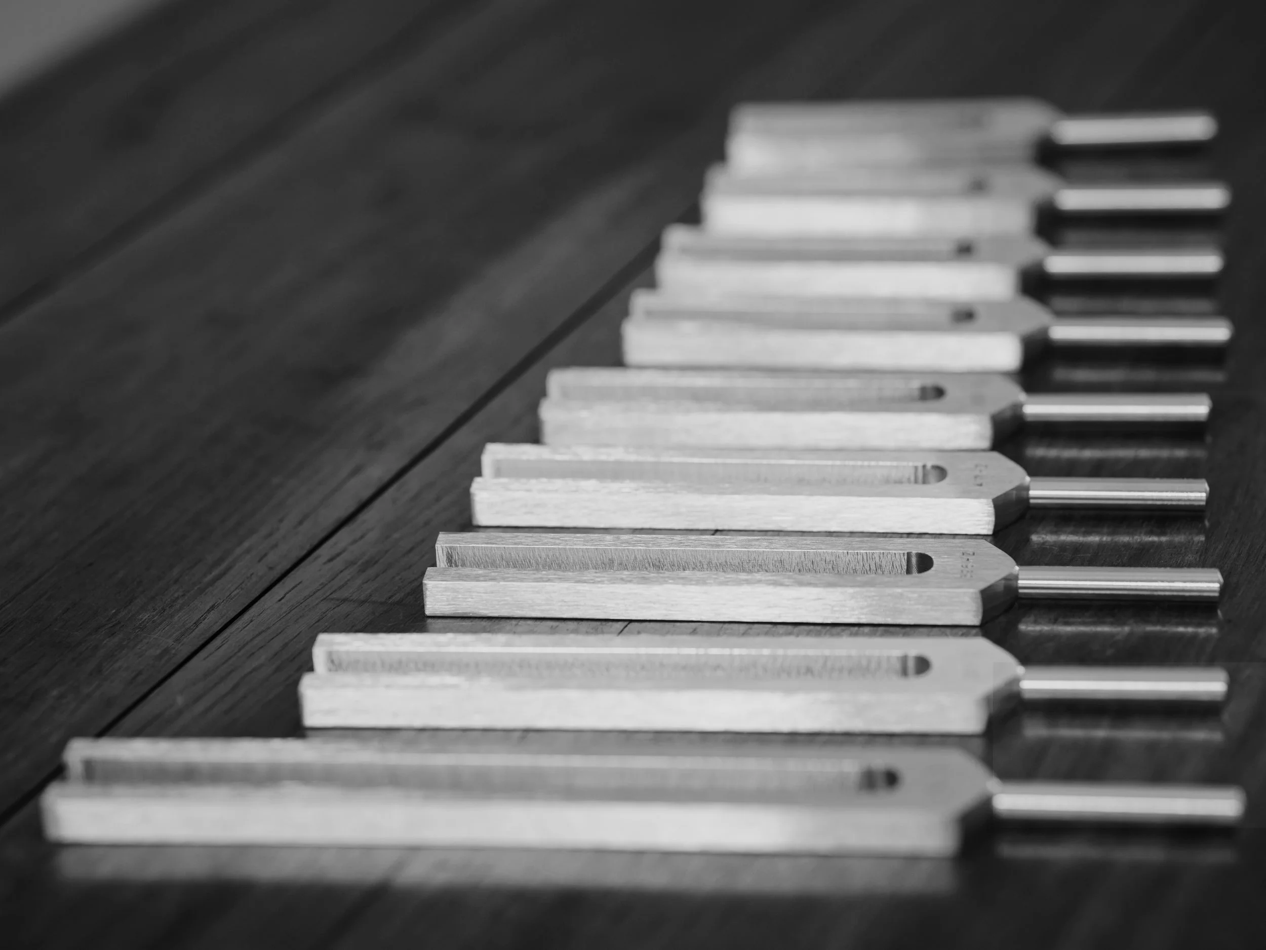 A black and white photo of tuning forks