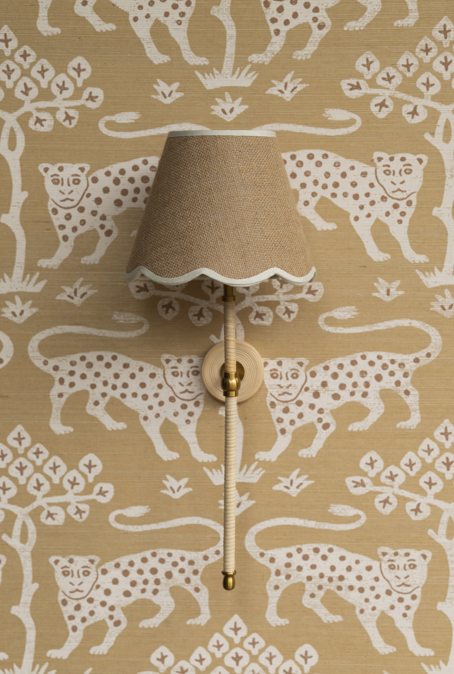 Kingham cordless wall light, natural rattan base with a scalloped linen shade and white trim