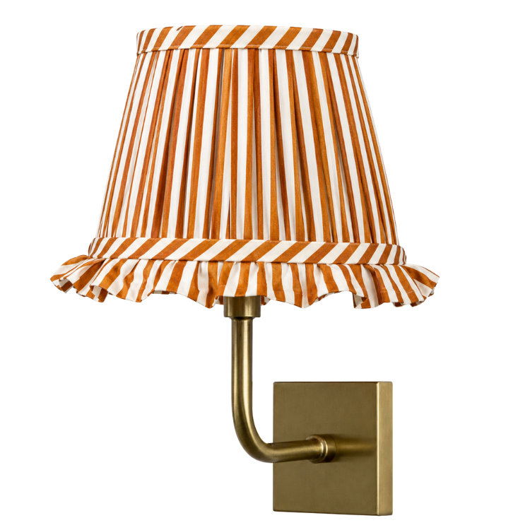 Babington cordless wall light in orange stripe, bamboo-engraved metal bracket with fabric shade