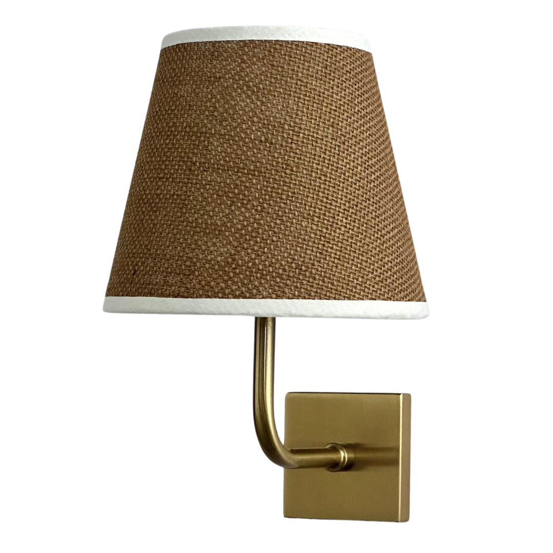 Babington cordless wall light in linen, bamboo-engraved metal bracket with fabric shade