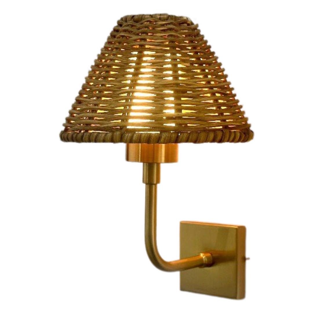 Babington cordless wall light in wicker, bamboo-engraved metal bracket with fabric shade