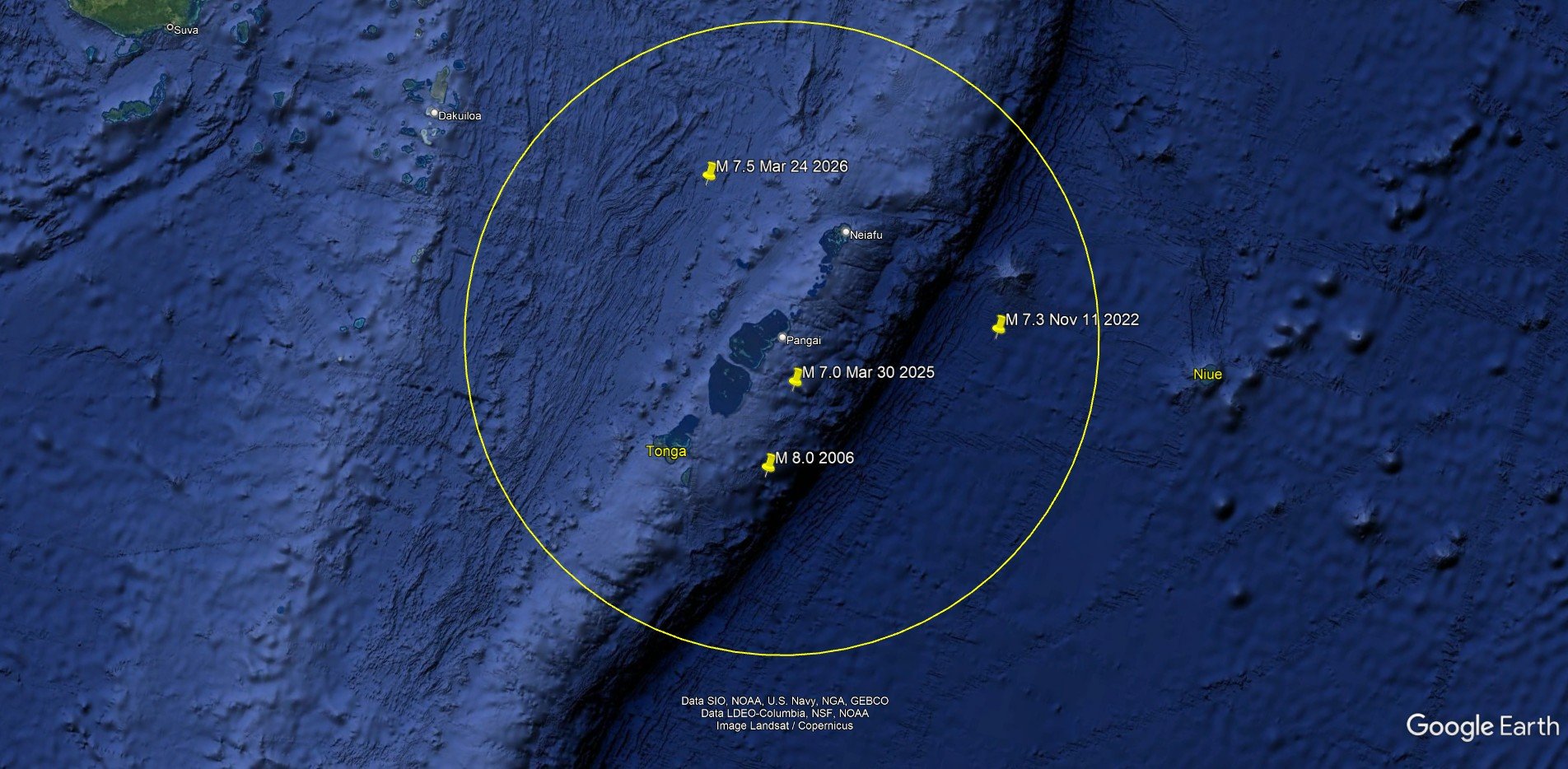 Google Earth Pro map screenshot with mark-up showing M7 foreshock on March 30, 2025, and major foreshock quake M 7.3 on March 24, 2026