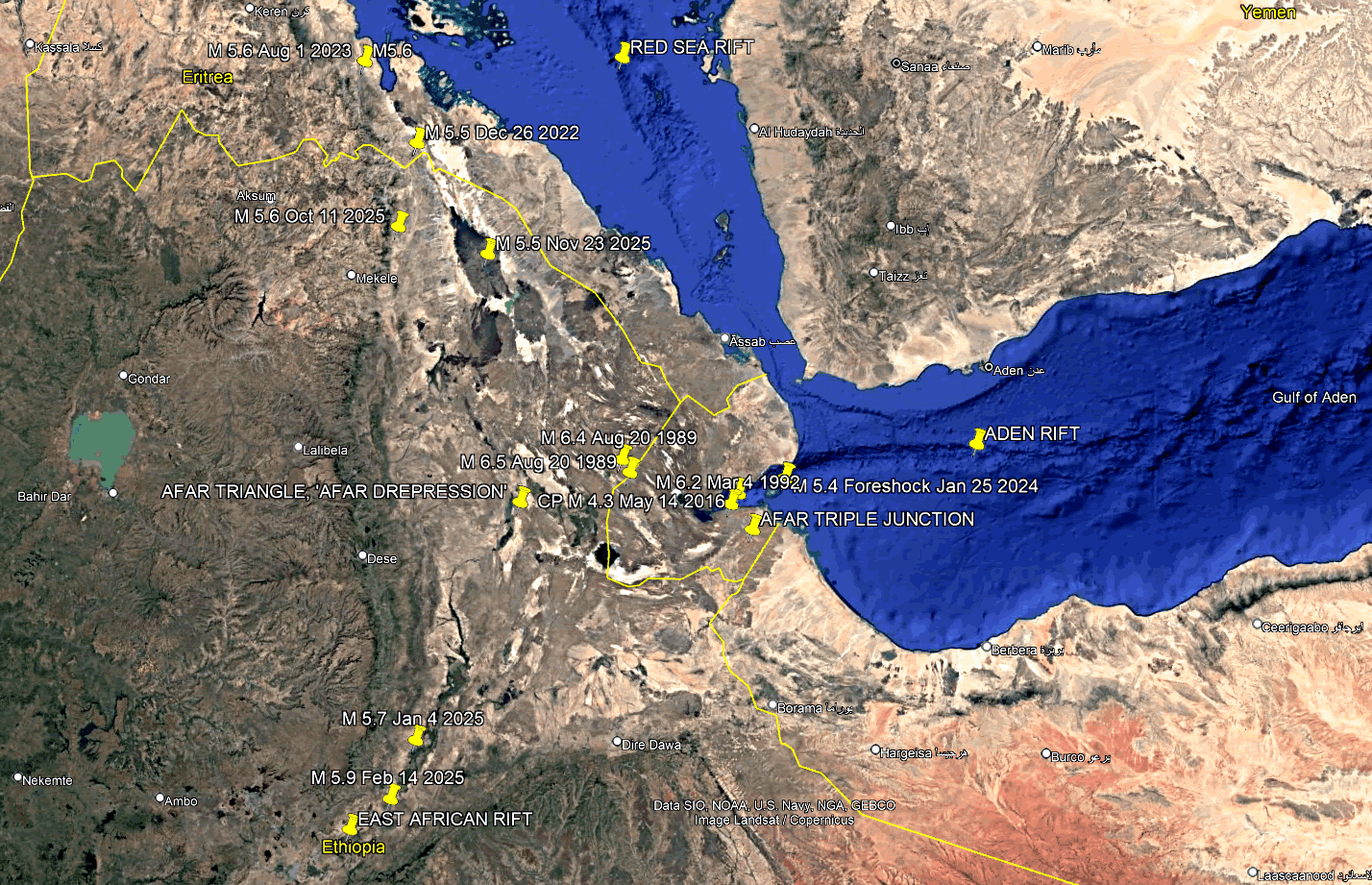 Afar Triple Junction, Aiden Rift, East African Rift, and Red Sea Rift