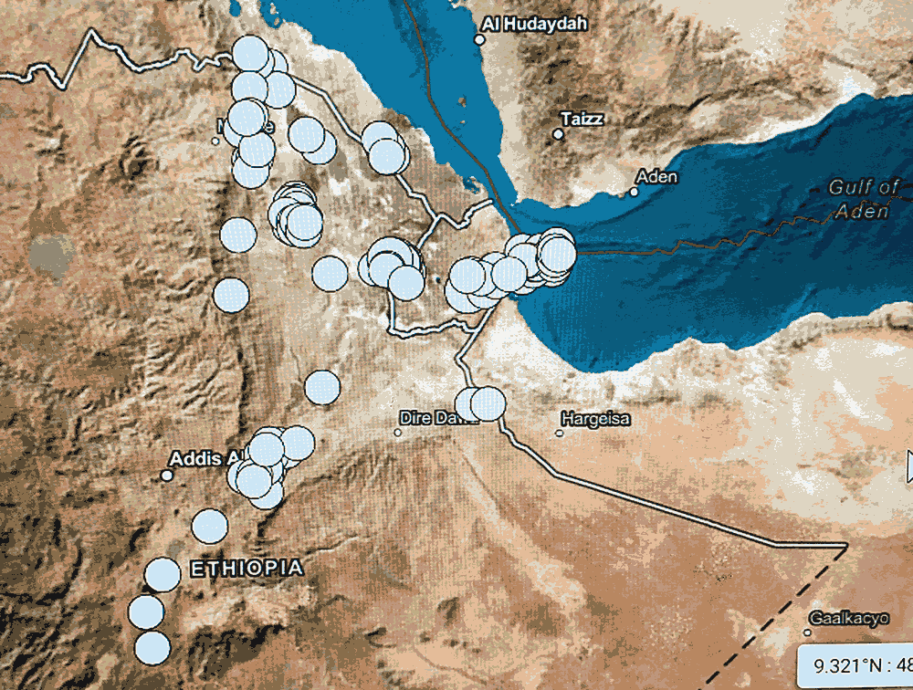 M5 and greater earthquakes, Afar Triangle, and tectonic triple junction, showing earthquakes