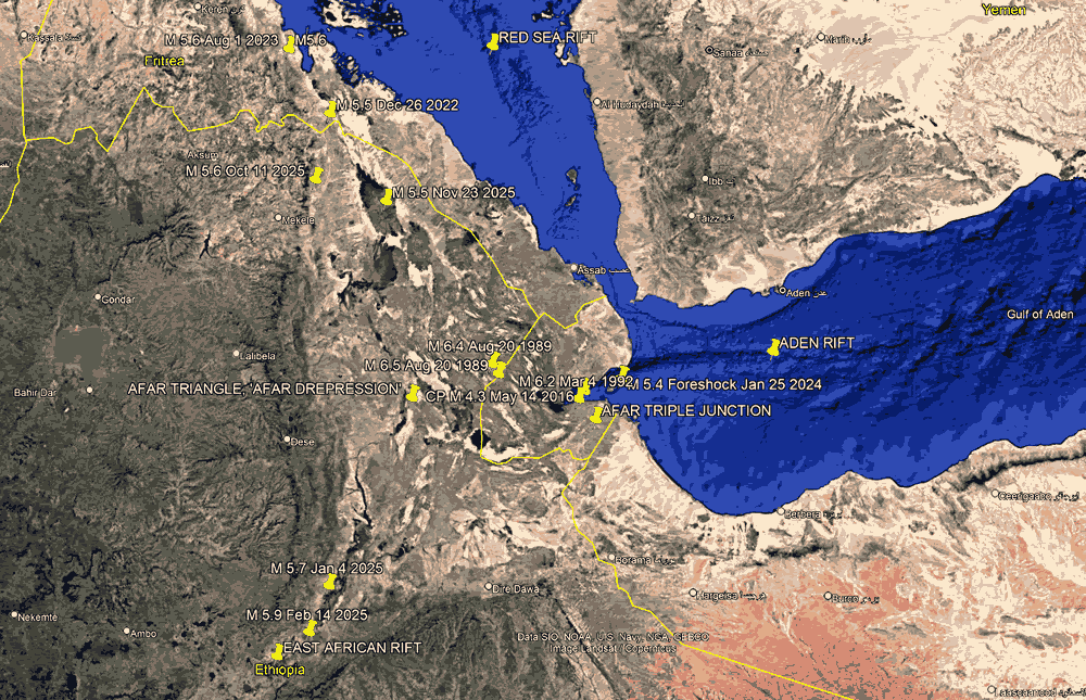 Aiden Rift Google Earth map showing Afar Triangle and Triple Junction of tectonic plates