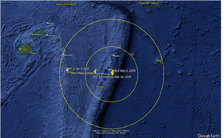 Google Earth Pro map of Tonga 2006 earthquake position and M7 foreshock Mar 30, 2025