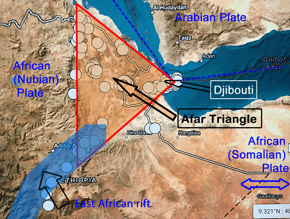 Afar Triangle and Triple tectonic plate junction overlay marked on map from USGS earthquakes