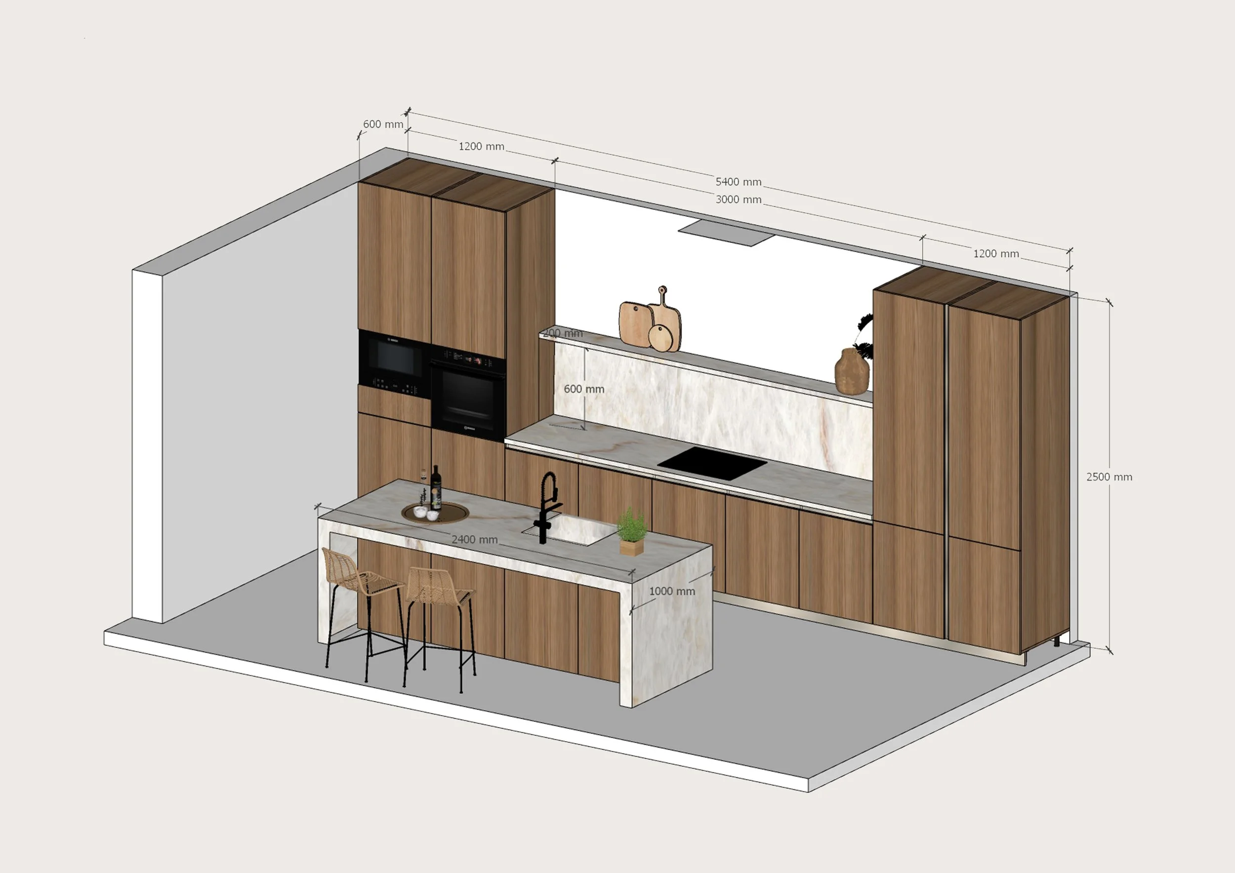 A modern kitchen design with wooden cabinets, a marble island, and built-in appliances, featuring dimensions marked for various elements.