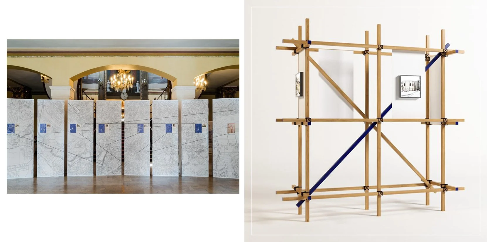 Left side shows an exhibition with large panels displaying maps or plans, displayed in front of a stately building interior with chandeliers and decorative columns. Right side shows a wooden scaffolding structure with blue support braces, against a plain white background.
