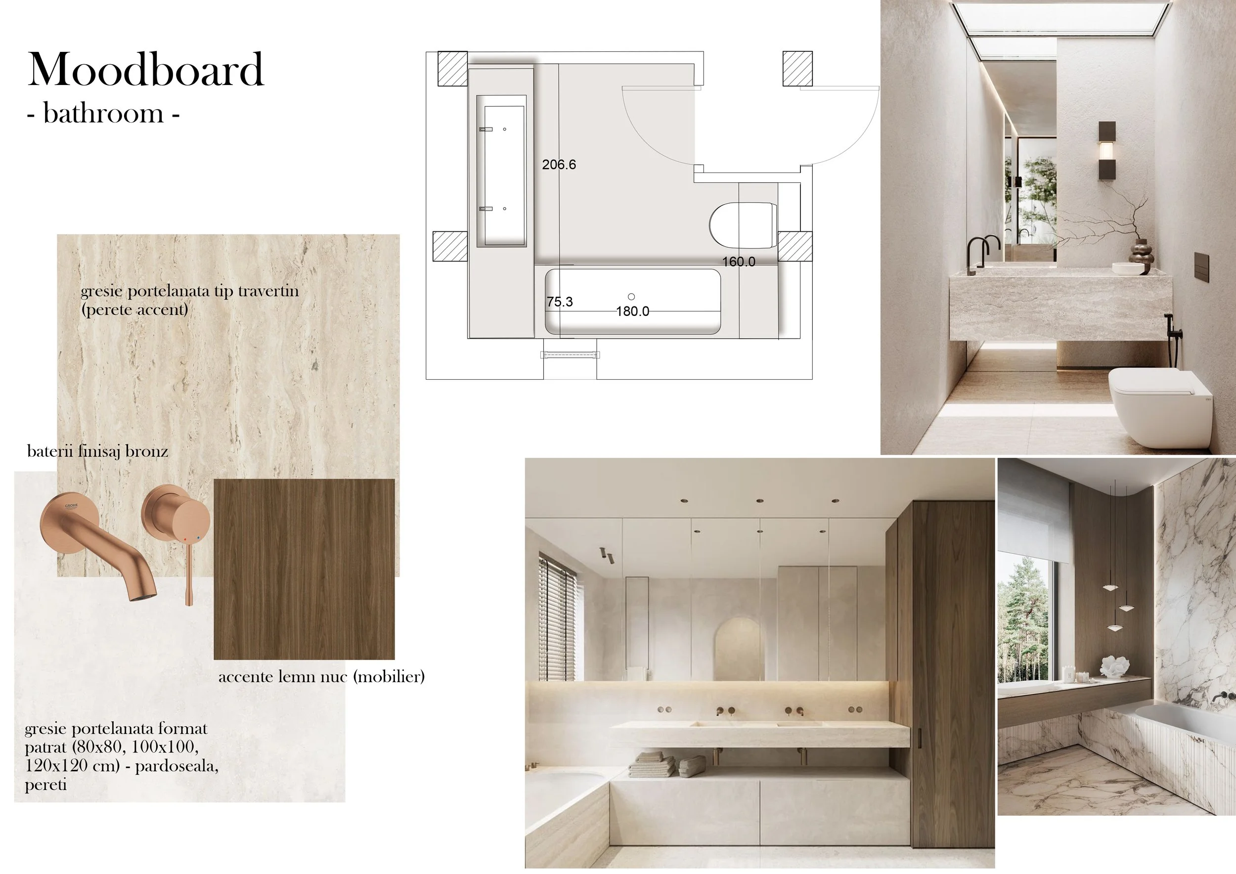 Moodboard for a bathroom design featuring beige marble tiles, bronze fixtures, and wooden accents. Includes a floor plan with measurements, a photo of a modern minimalist bathroom with a built-in sink and mirror, a contemporary vanity area with double sinks and wooden cabinetry, and a stylish bathtub area with marble walls and a large window.