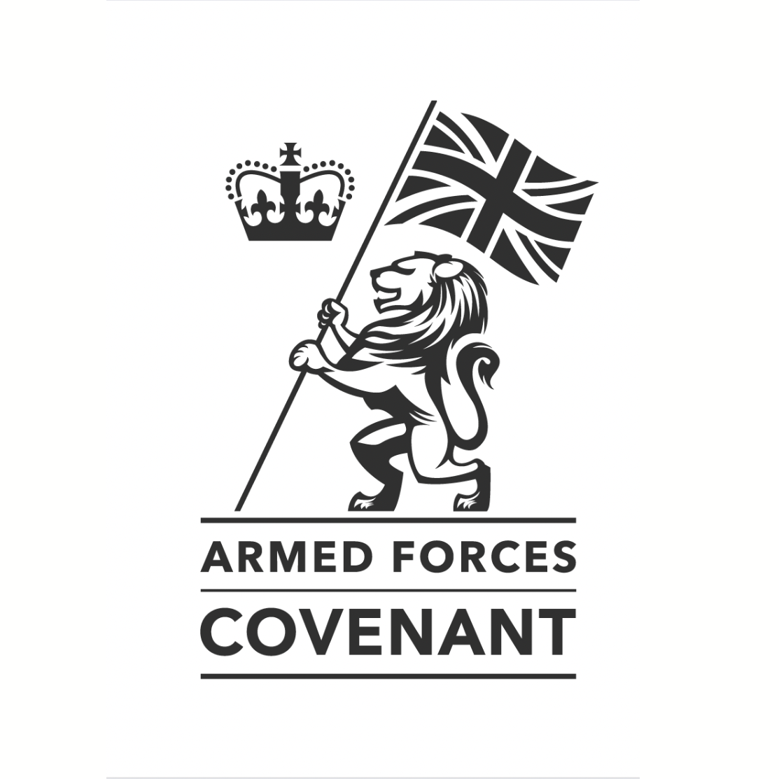 Logo of Armed Forces Covenant featuring a lion holding a Union Jack flag with a crown above.
