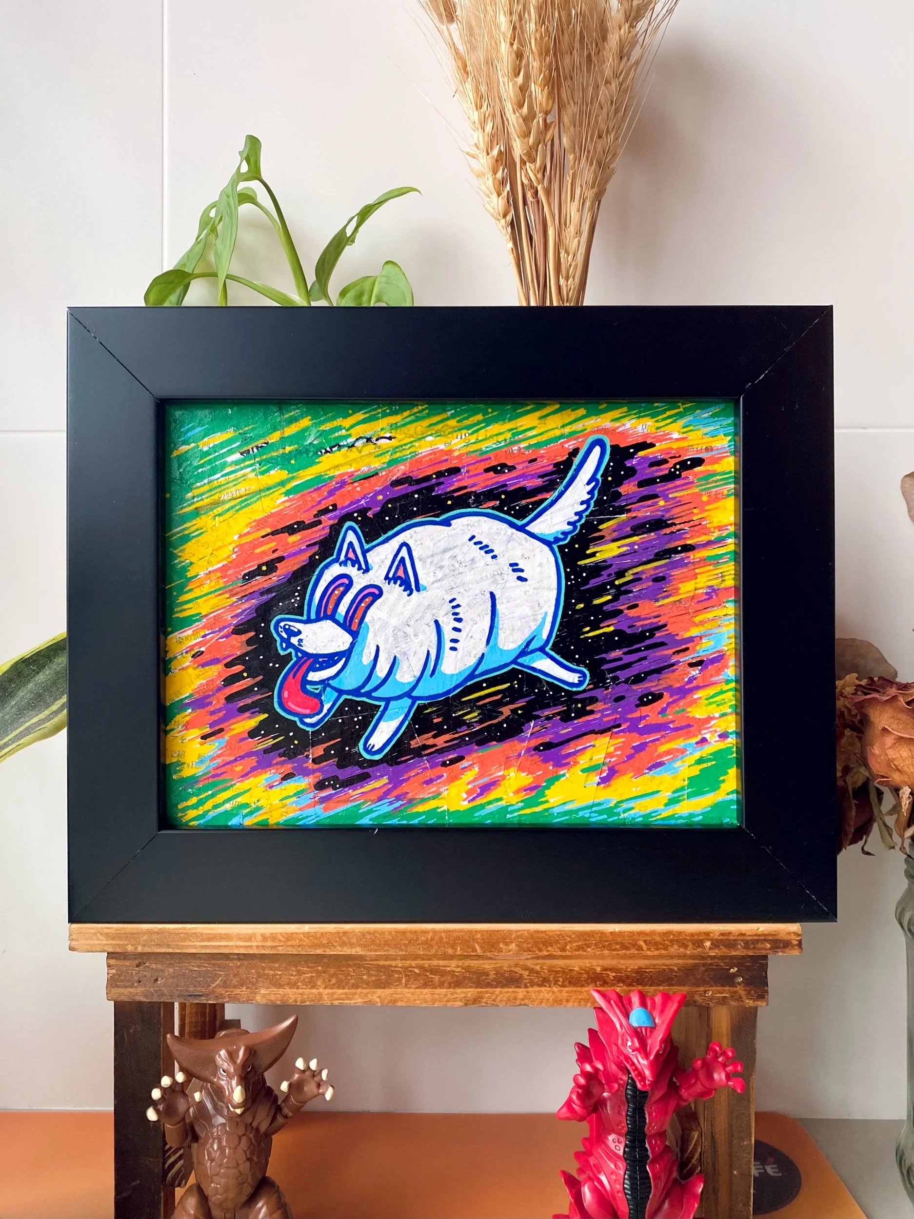 Original Artwork - cute & adorable animals dog in another colourful universe mixed media painting by talented Malaysia artist OCMay