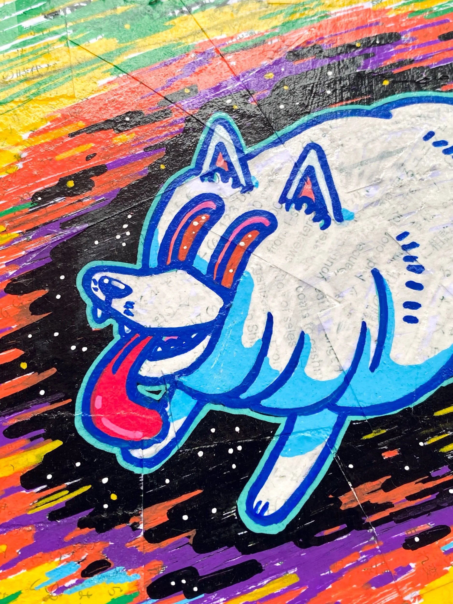 Close up - cute & adorable animals dog in another colourful universe mixed media painting by talented Malaysia artist OCMay