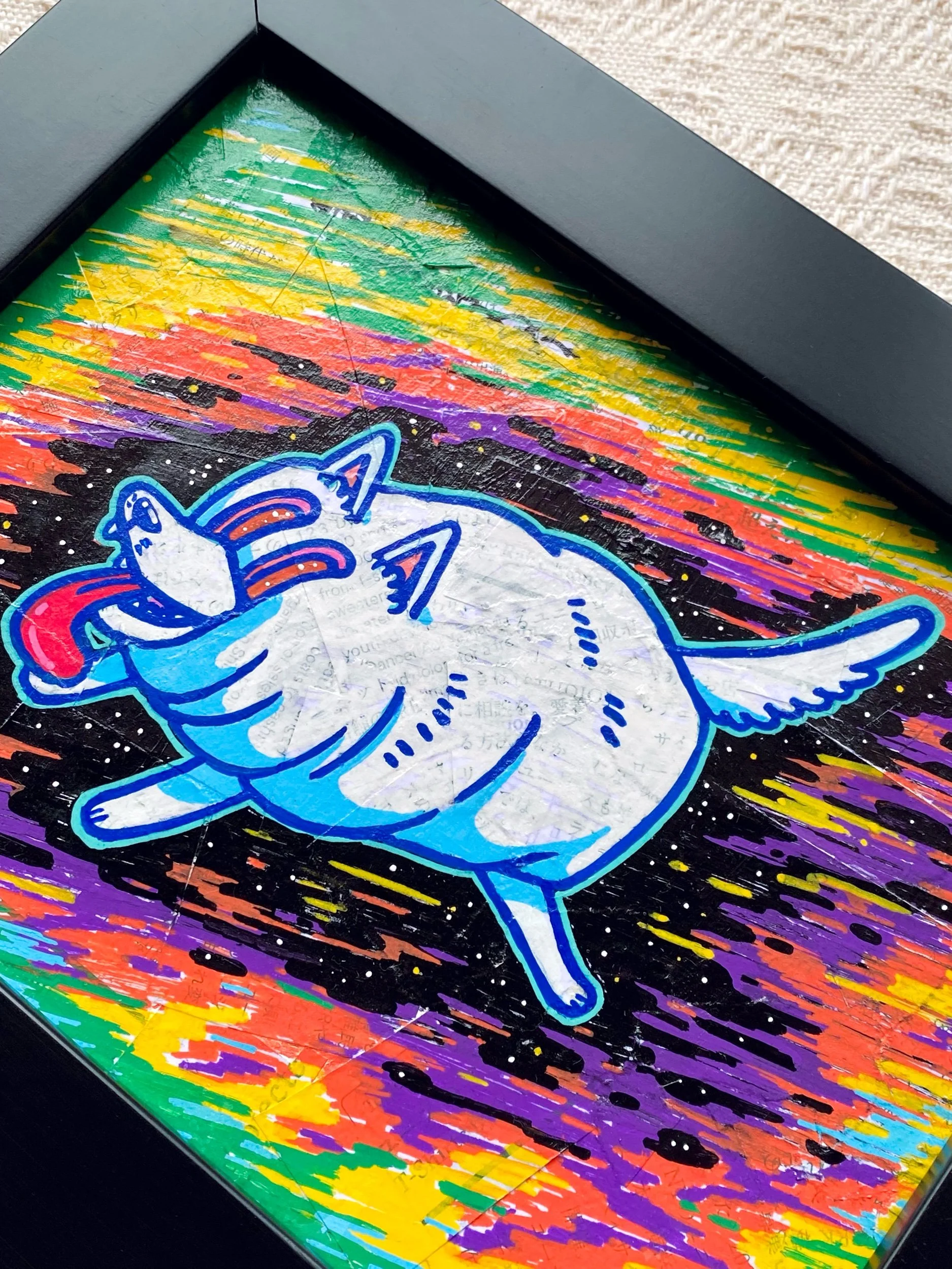 Close up Home wall decor Art | Creative Original Artwork - cute & adorable animals dog in another colourful universe mixed media painting on canvas with black frame by talented Malaysia artist OCMay