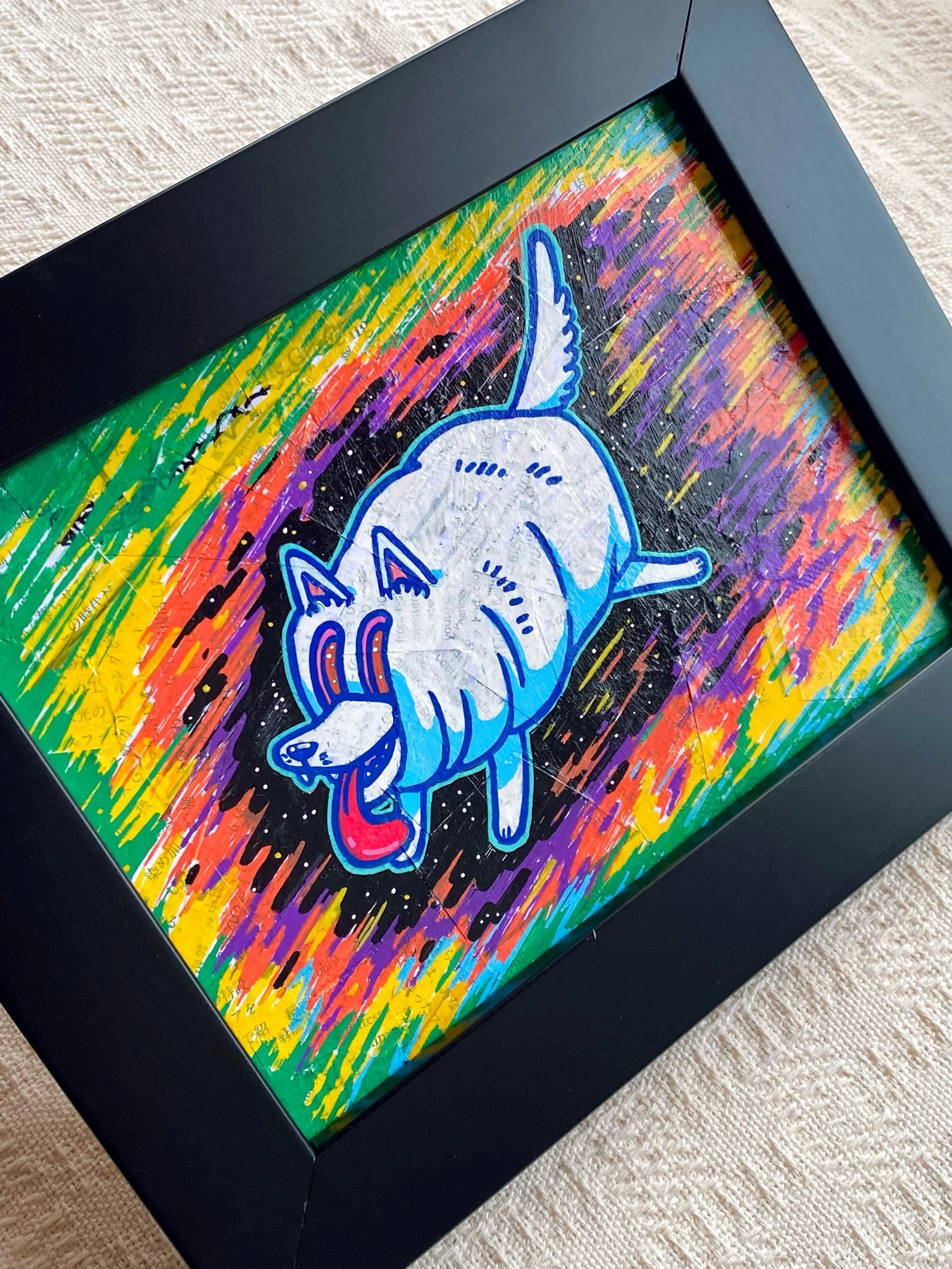 Close up Home wall decor Art | Creative Original Artwork - cute & adorable animals dog in another colourful universe mixed media painting on canvas with black frame by talented Malaysia artist OCMay