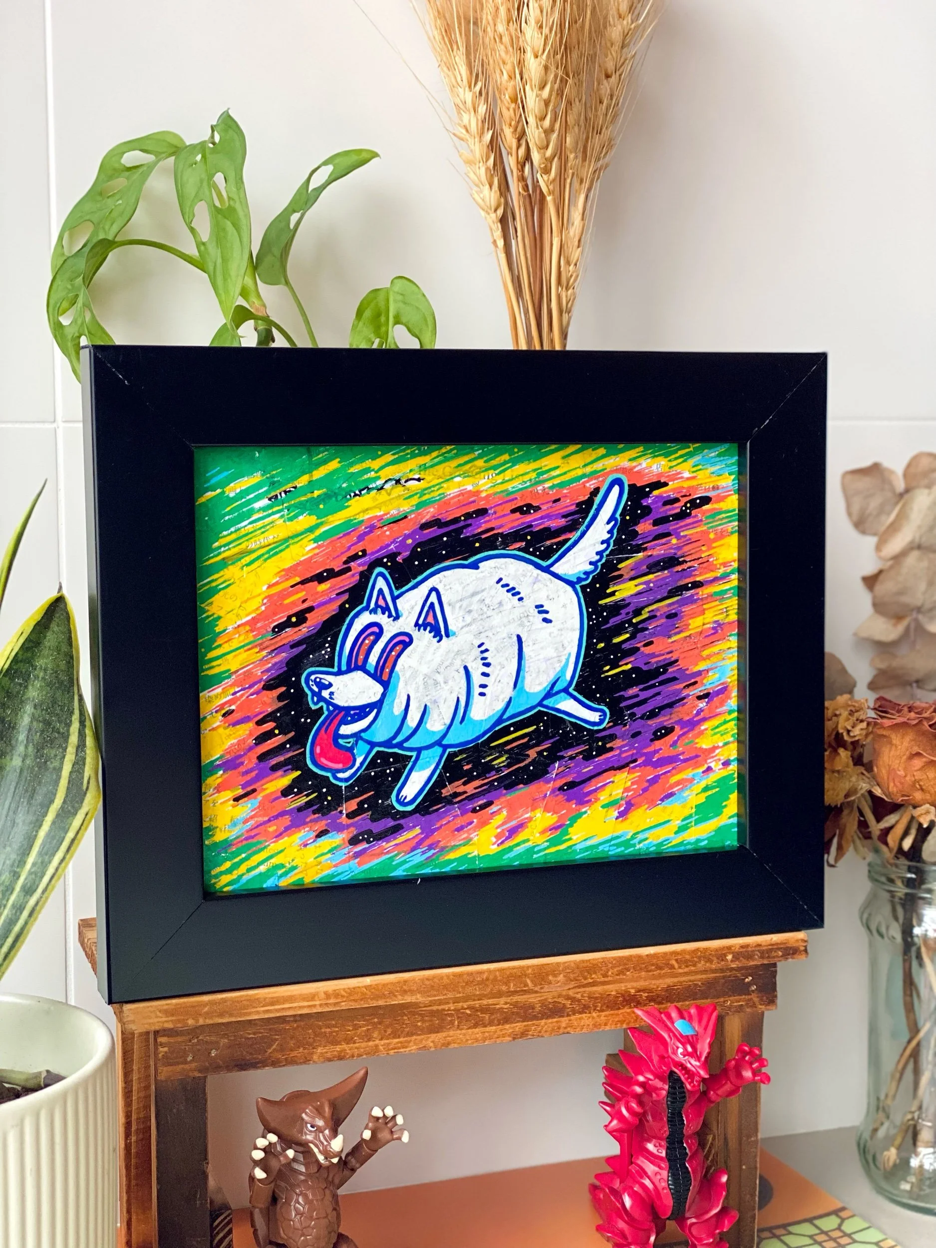 Home wall decor Art | Creative Original Artwork - cute & adorable animals dog in another colourful universe mixed media painting by talented Malaysia artist OCMay
