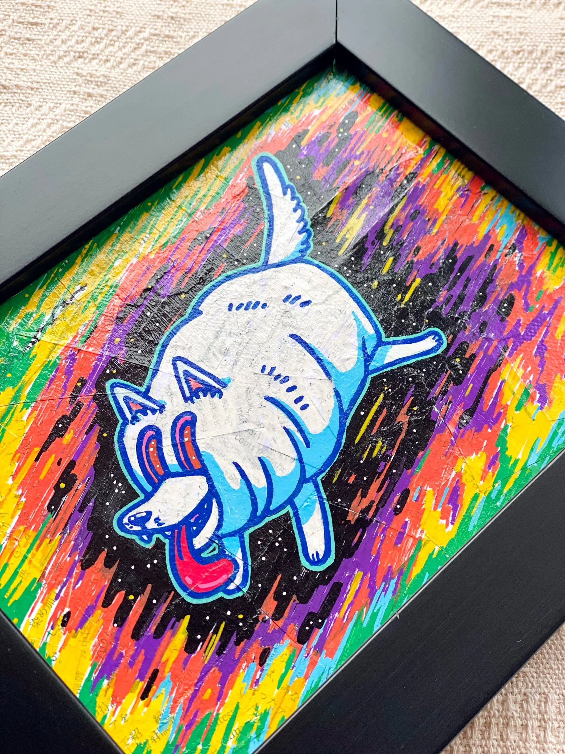 Close up Home wall decor Art | Creative Original Artwork - cute & adorable animals dog in another colourful universe mixed media painting on canvas with black frame by talented Malaysia artist OCMay