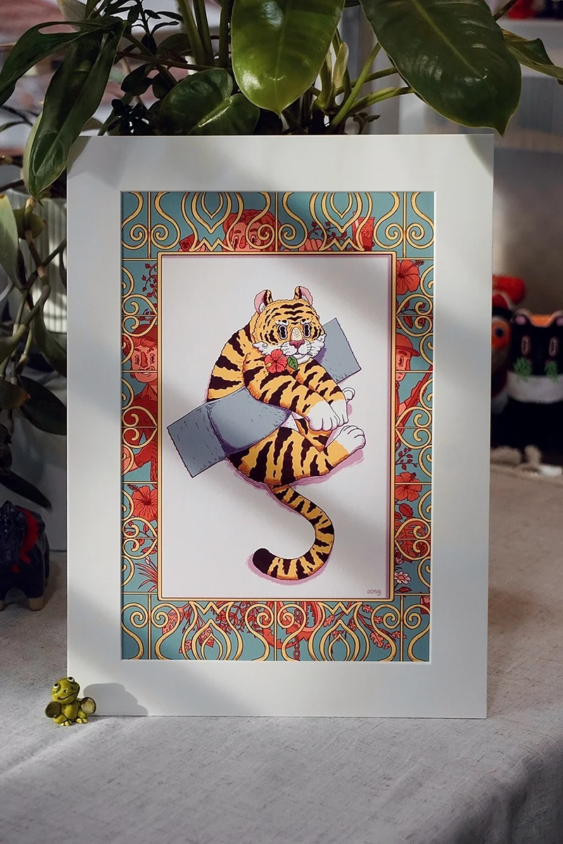 Giclee Print display on table,  <Taped Malayan Tiger> from Taped Wildness Series by Malaysia Artist OCMay.