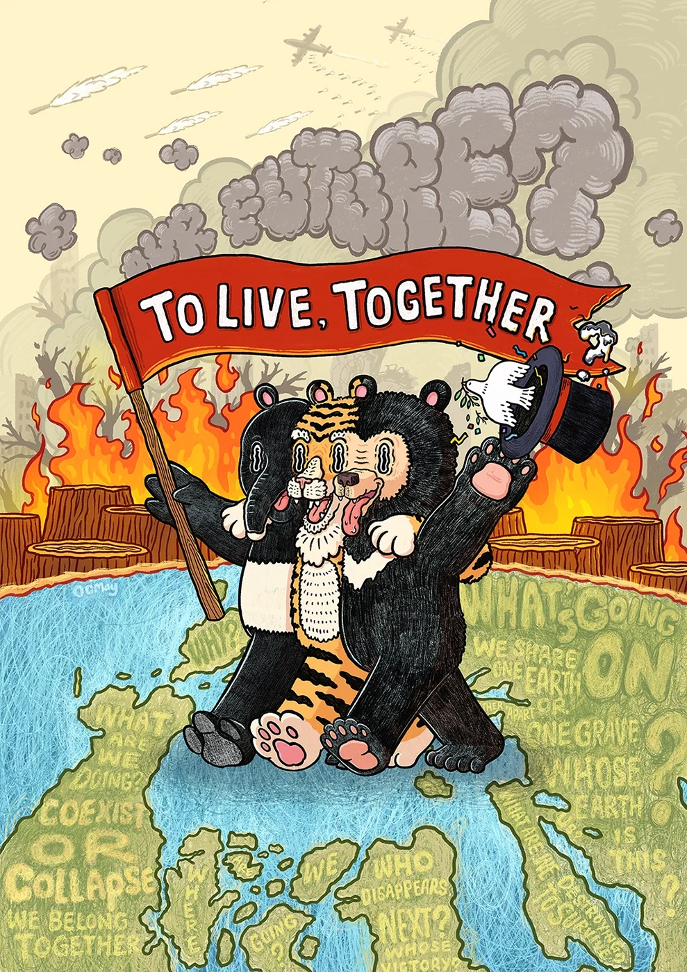 Surreal illustration "To Live, Together (?)" by OCMay, depicting endangered Malaysian wildlife in an absurd magic show set against a backdrop of war and deforestation. OCMay 超现实插画《共生 (?)》，通过一场荒诞的魔术秀，描绘了在战争与森林砍伐背景下马来西亚濒危物种的生存困境。 