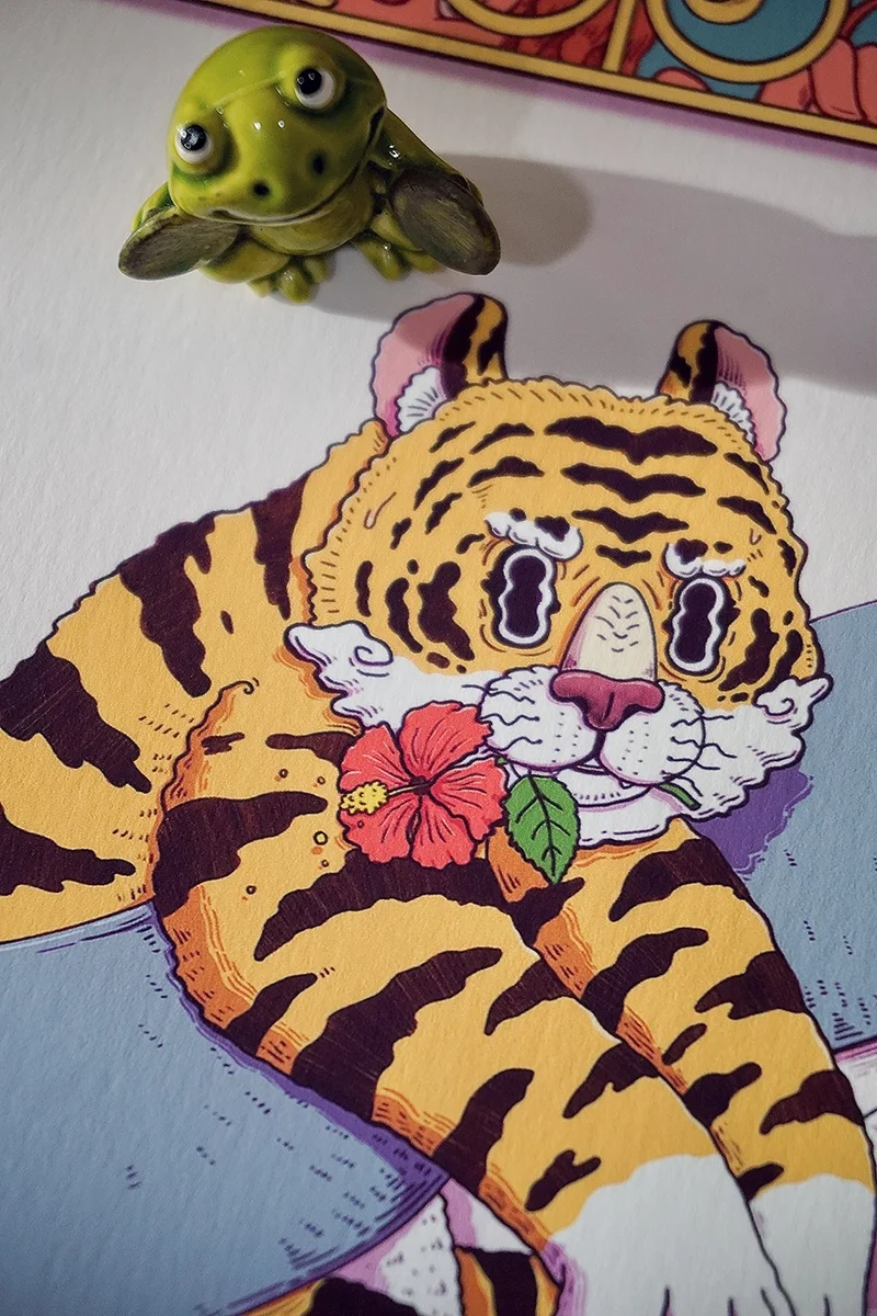 A close up Giclee Print of <Taped Malayan Tiger> from Taped Wildness Series by Malaysia Artist OCMay.