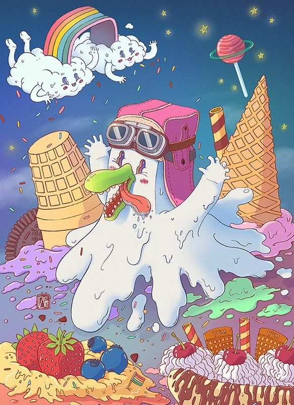 An illustration by OCMay, this is a Monster Project. A happy monster laughing, wearing goggles and a pink hat, surrounded by ice cream cones, waffle, strawberries, blueberries, a rainbow, planets, and rainbows in a colorful, whimsical scene.