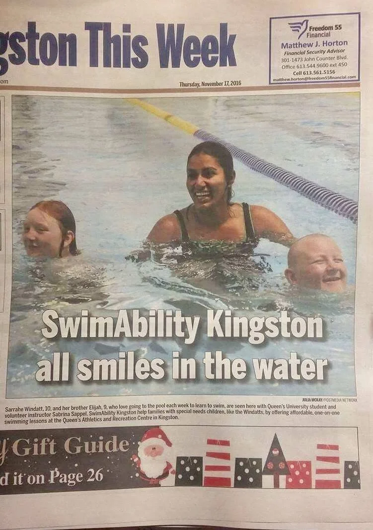 Kingston This Week newspaper with cover article titled "SwimAbility Kingston all smiles in the water"