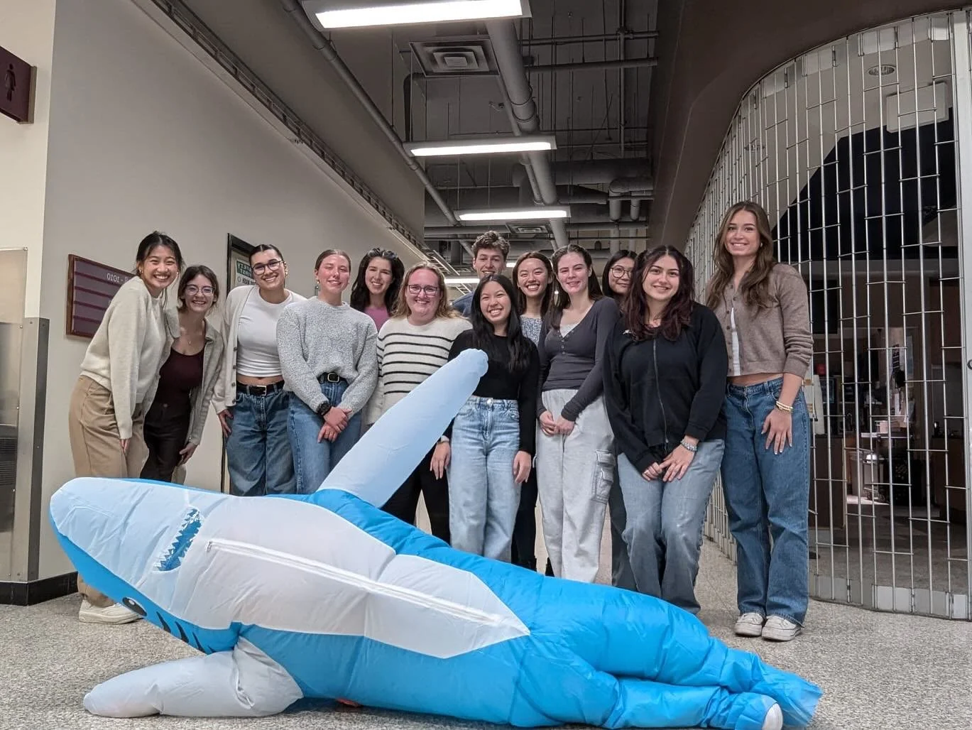 volunteers smiling with a shark mascot lying across the floor