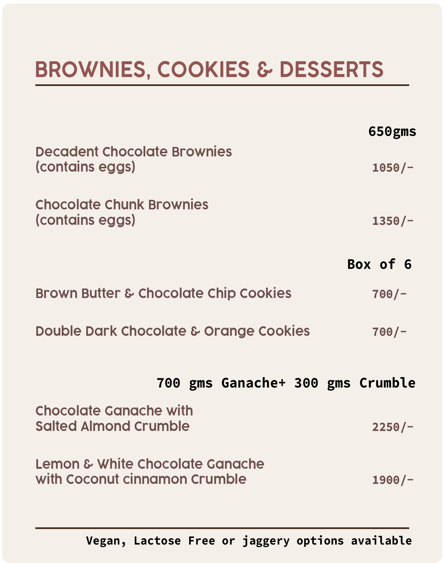 Menu featuring brownies, cookies, and desserts with options for eggs, including decadant chocolate brownies, chocolate chunk brownies, and various cookies, with prices listed in rupees.