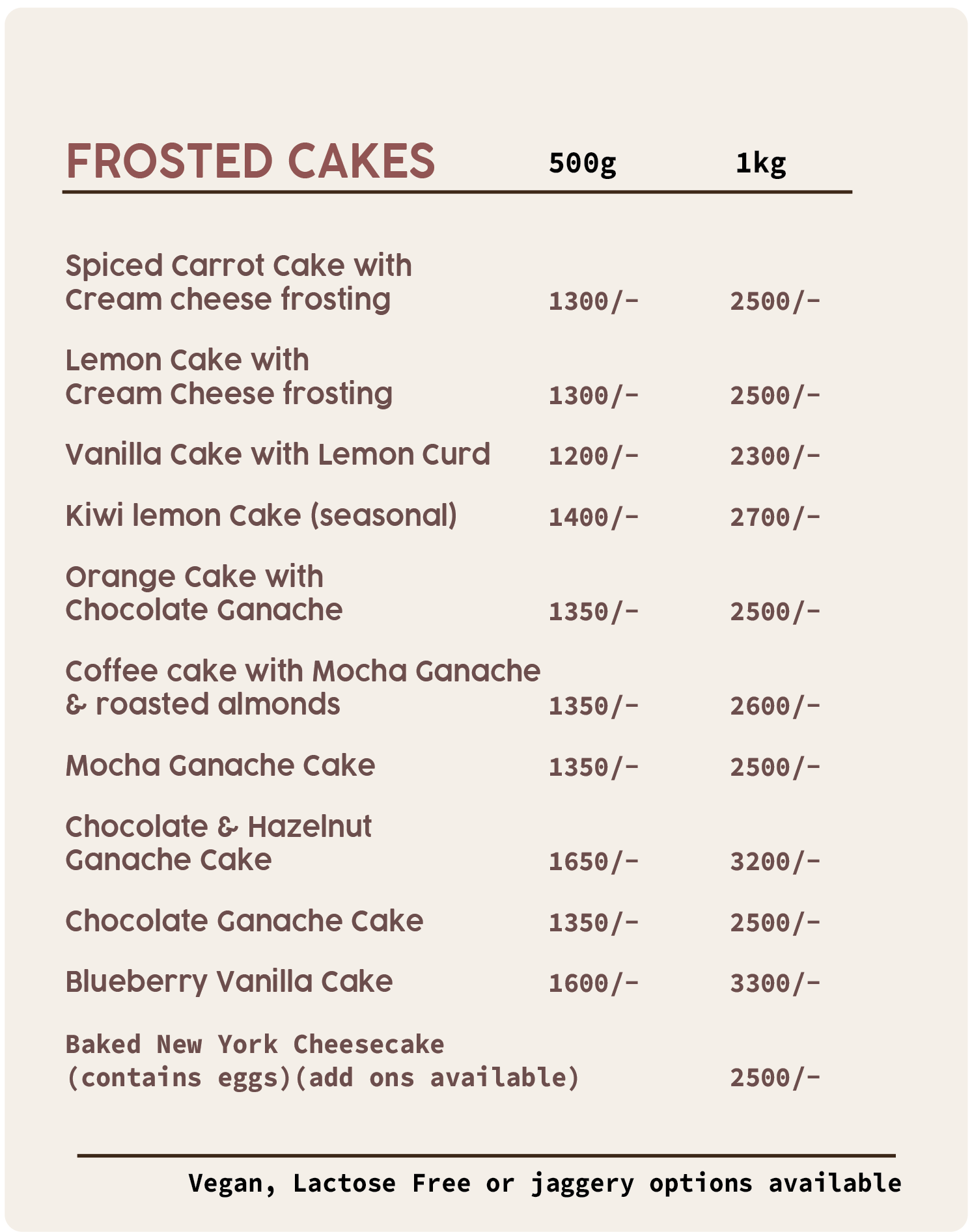 Menu of frosted cakes with prices for 500g and 1kg sizes, including carrot, lemon, vanilla, kiwi lemon, orange, coffee mocha, mocha, chocolate hazelnut, chocolate, blueberry vanilla, and cheesecake, with gluten-free and vegan options available.