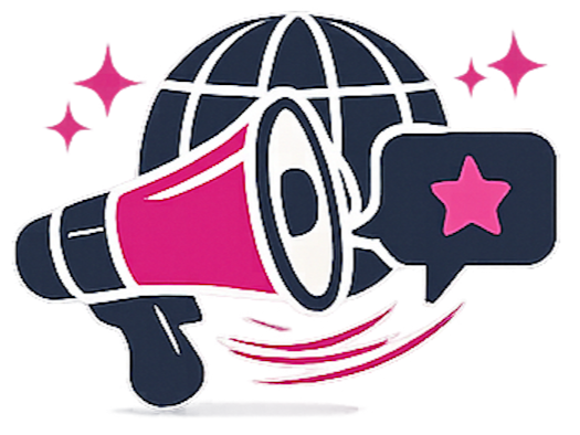 A megaphone with a globe and sparkles, speaker icon with a star, representing global communication or announcements.